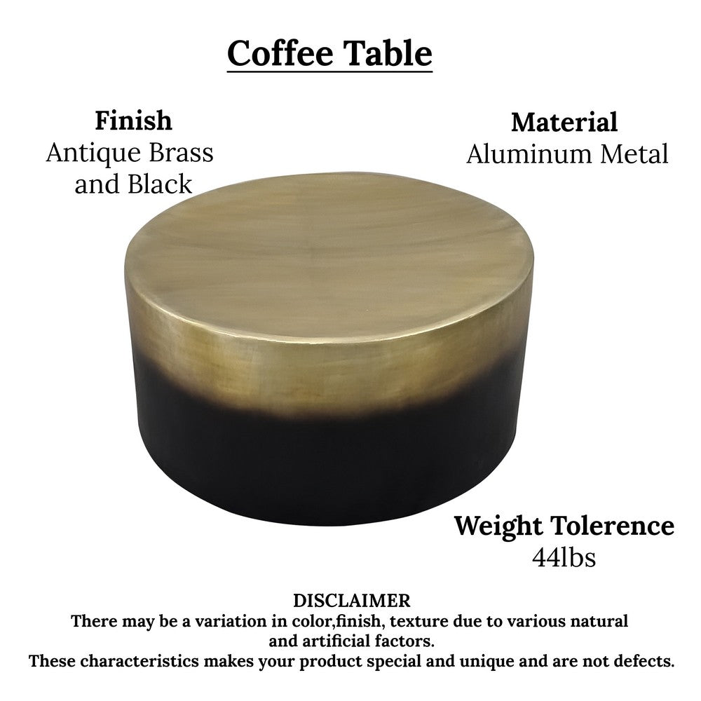 The Urban Port Dyan Coffee Table, 34.5 Inch Round Drum Shape, Black, Gold Antique Brass Ombre