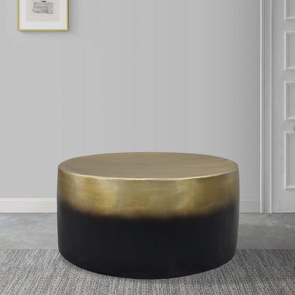 The Urban Port Dyan Coffee Table, 34.5 Inch Round Drum Shape, Black, Gold Antique Brass Ombre