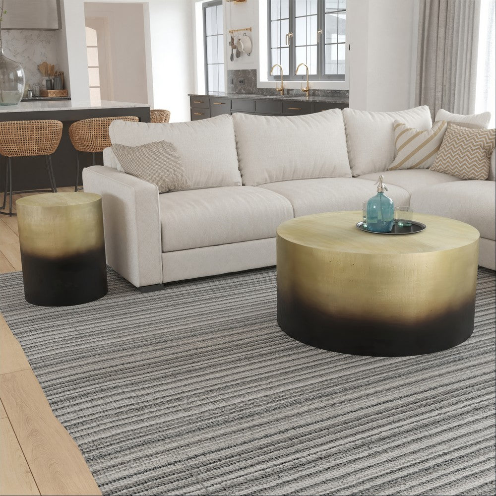 The Urban Port Dyan Coffee Table, 34.5 Inch Round Drum Shape, Black, Gold Antique Brass Ombre