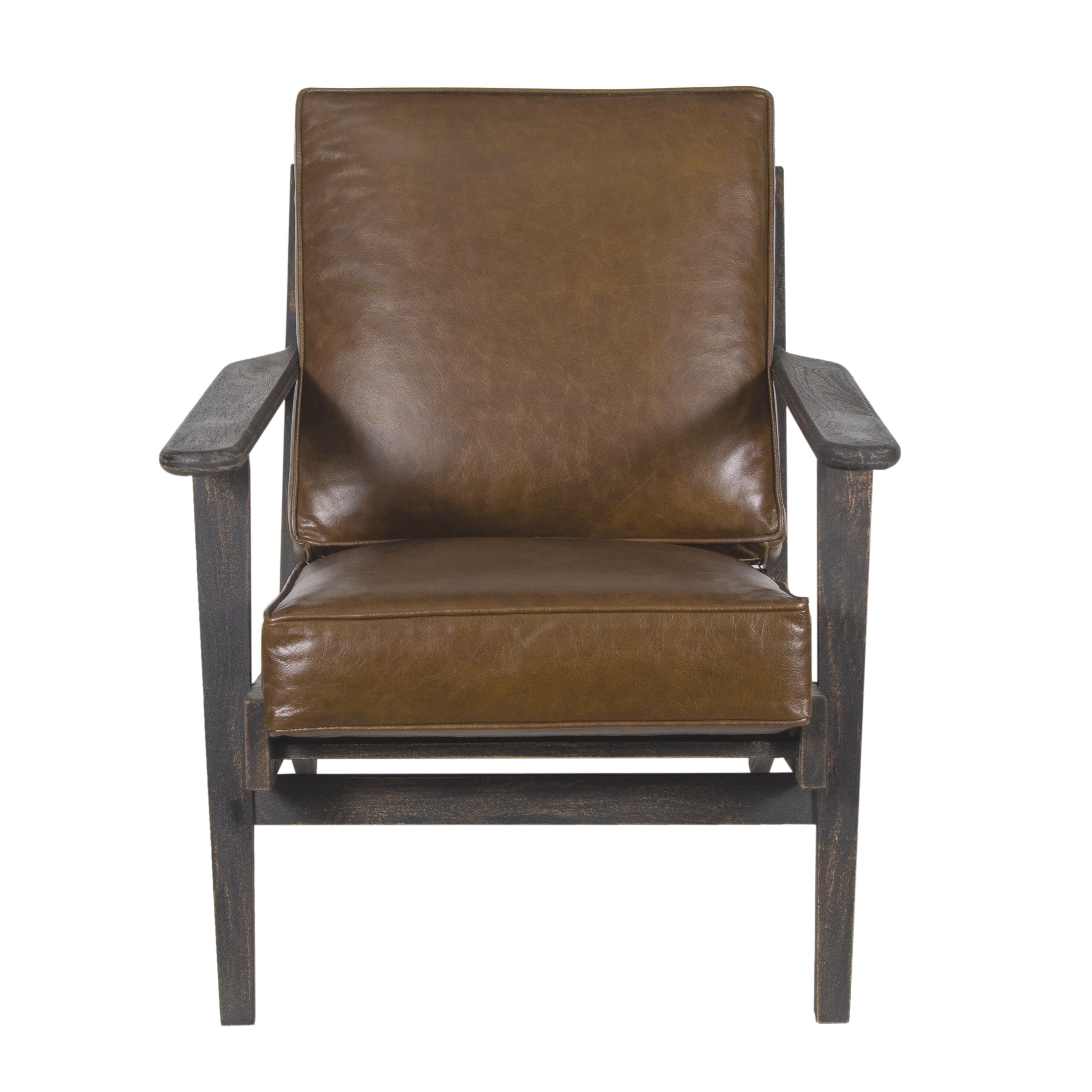 The Urban Port Amber Accent Chair, Handcrafted Slatted Mango Wood, Brown Buffalo Leather Cushions, Angled Legs