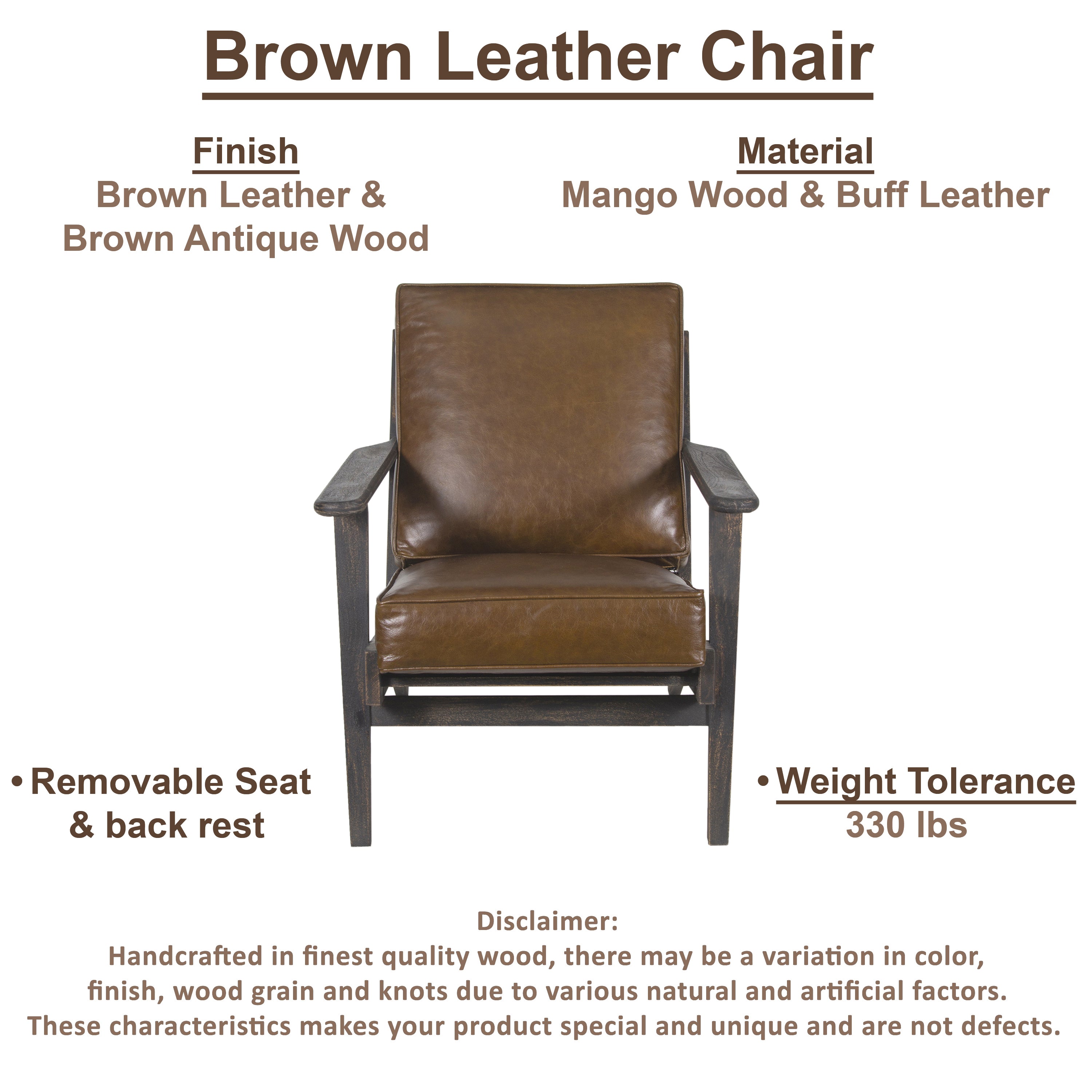 The Urban Port Amber Accent Chair, Handcrafted Slatted Mango Wood, Brown Buffalo Leather Cushions, Angled Legs