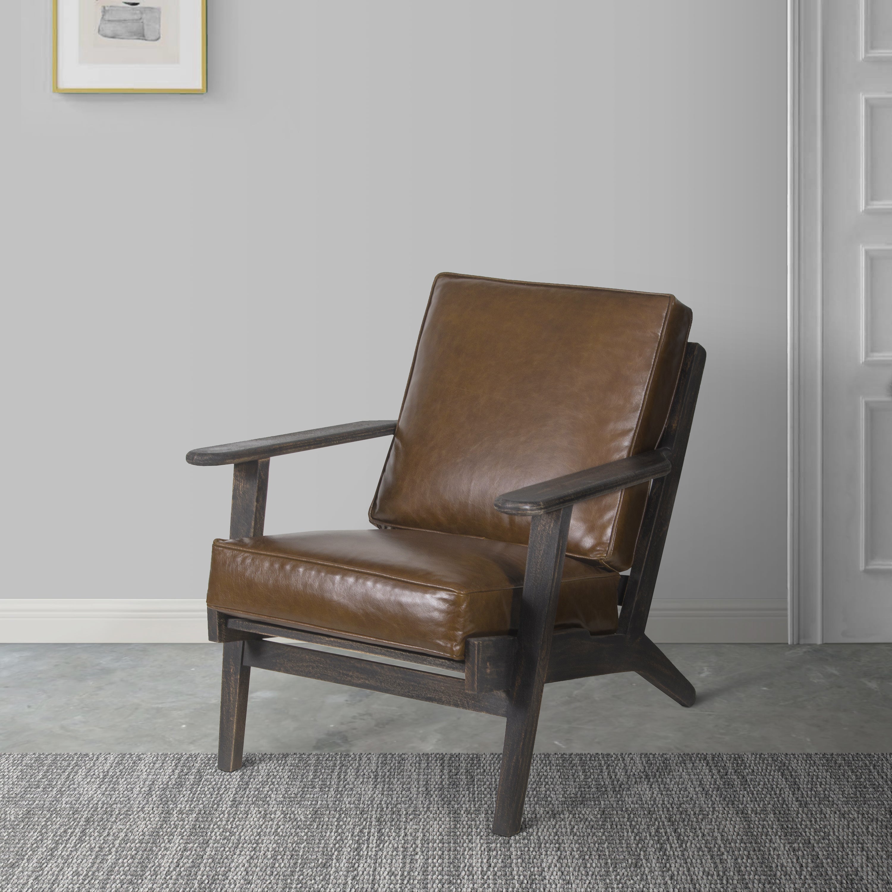 The Urban Port Amber Accent Chair, Handcrafted Slatted Mango Wood, Brown Buffalo Leather Cushions, Angled Legs