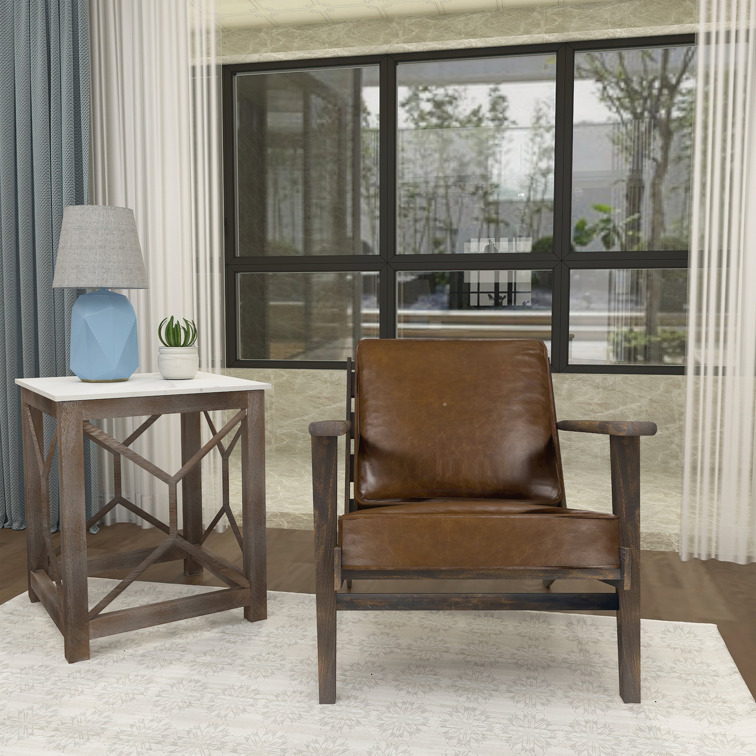 The Urban Port Amber Accent Chair, Handcrafted Slatted Mango Wood, Brown Buffalo Leather Cushions, Angled Legs