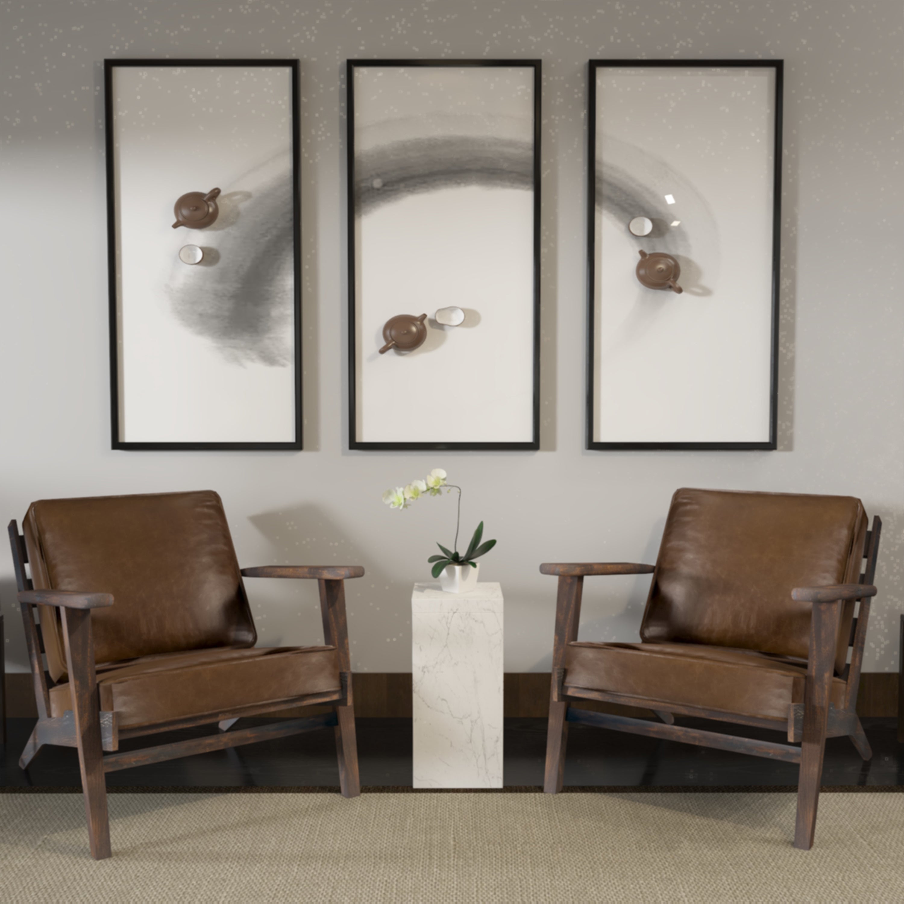 The Urban Port Amber Accent Chair, Handcrafted Slatted Mango Wood, Brown Buffalo Leather Cushions, Angled Legs
