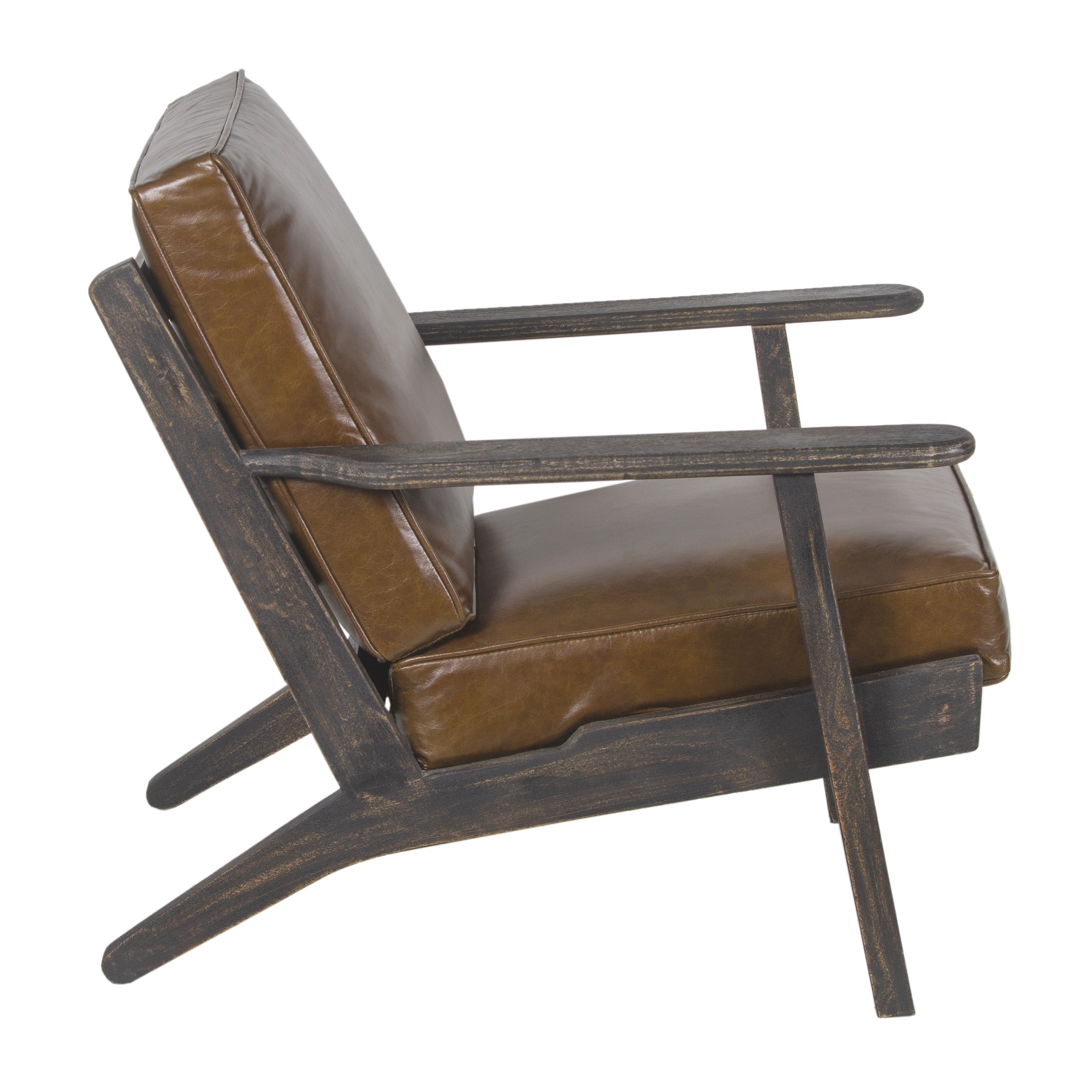 The Urban Port Amber Accent Chair, Handcrafted Slatted Mango Wood, Brown Buffalo Leather Cushions, Angled Legs