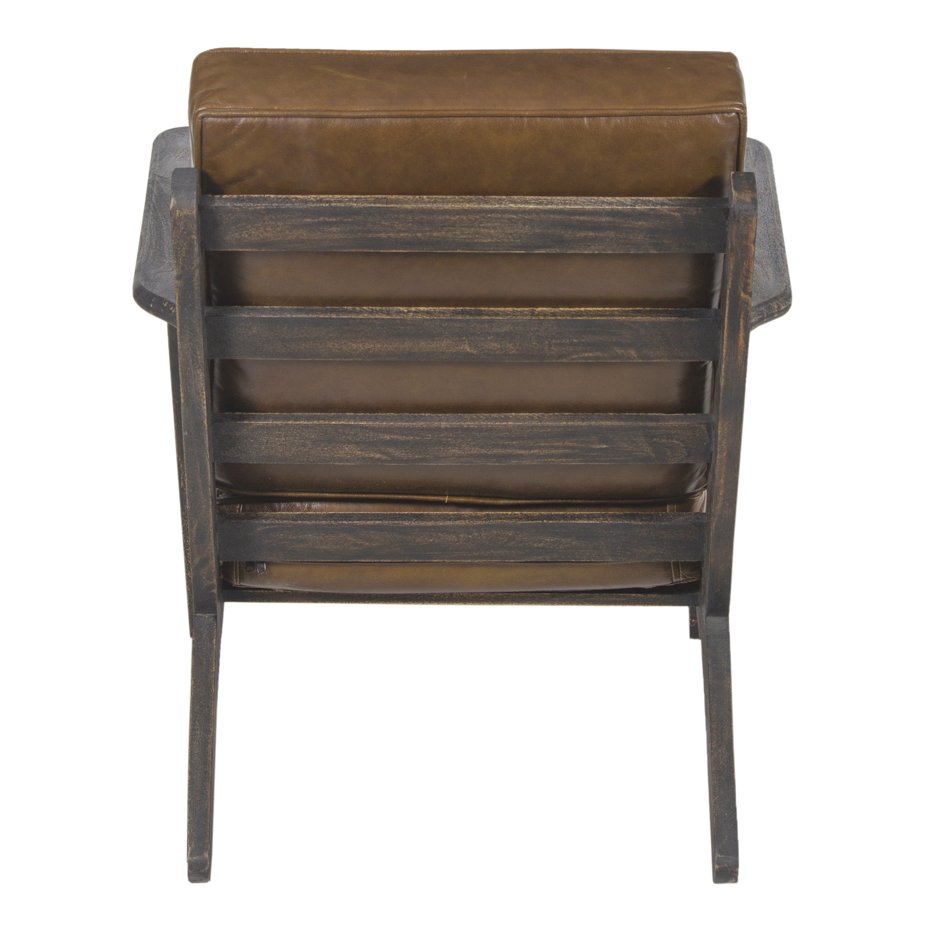 The Urban Port Amber Accent Chair, Handcrafted Slatted Mango Wood, Brown Buffalo Leather Cushions, Angled Legs