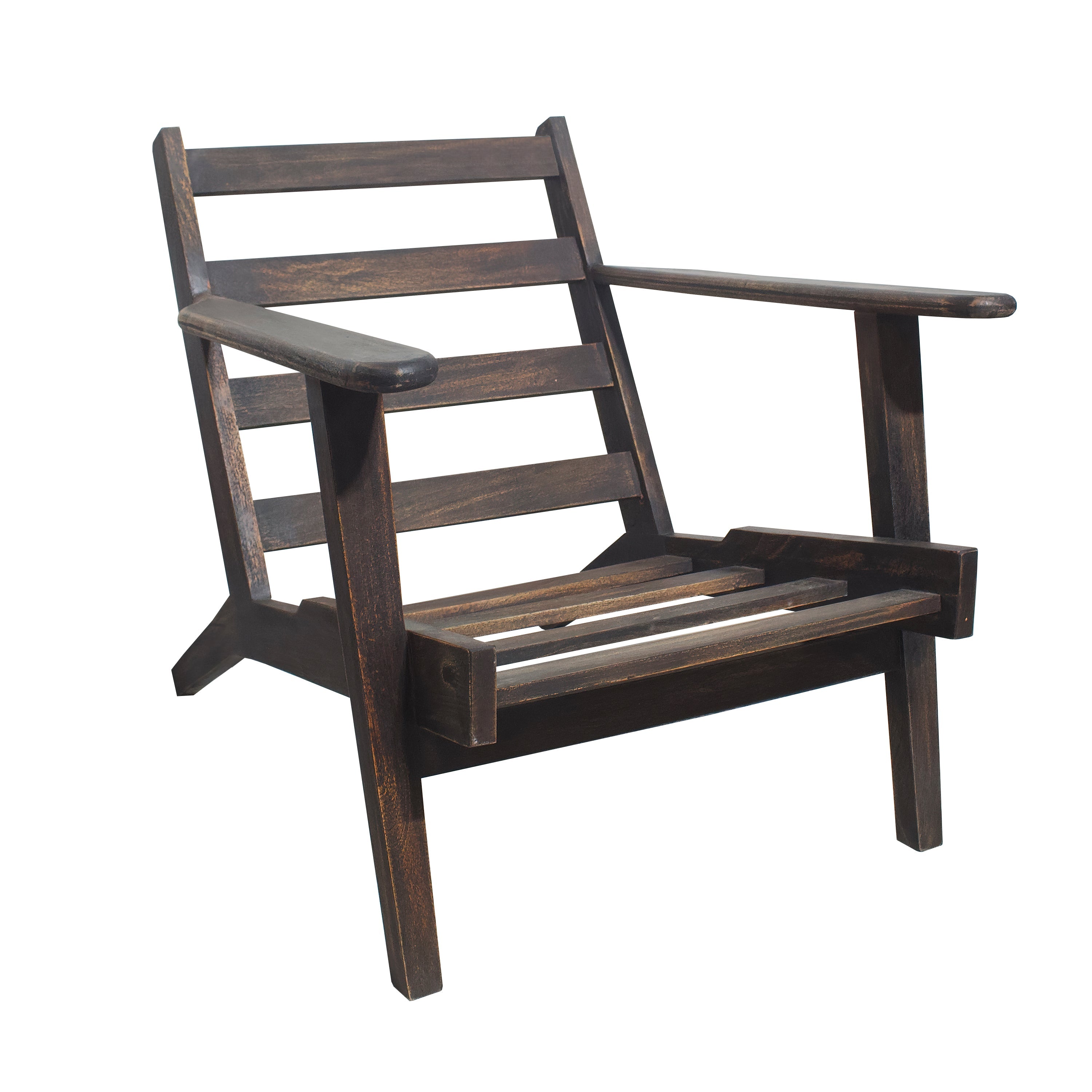 The Urban Port Amber Accent Chair, Handcrafted Slatted Mango Wood, Brown Buffalo Leather Cushions, Angled Legs
