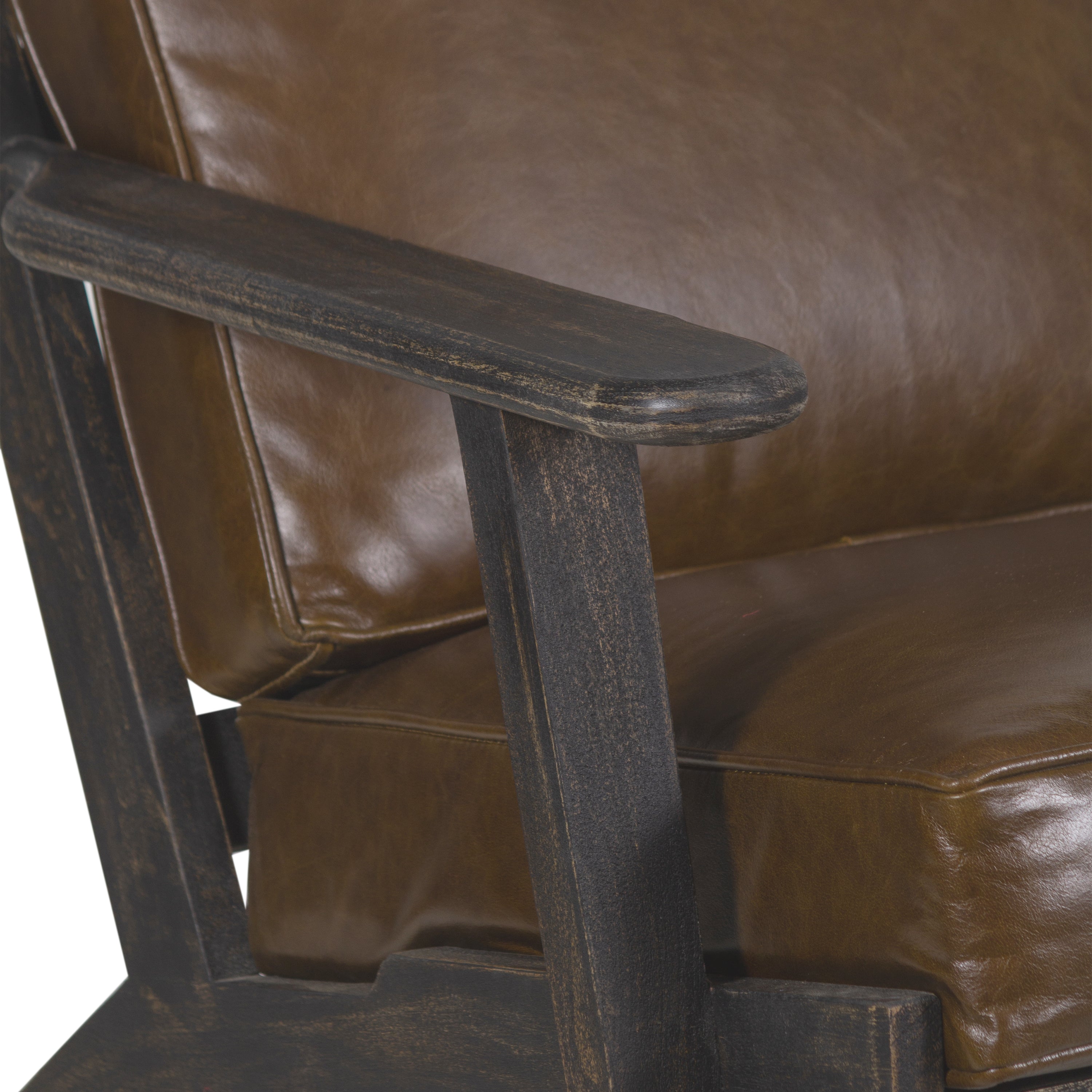 The Urban Port Amber Accent Chair, Handcrafted Slatted Mango Wood, Brown Buffalo Leather Cushions, Angled Legs