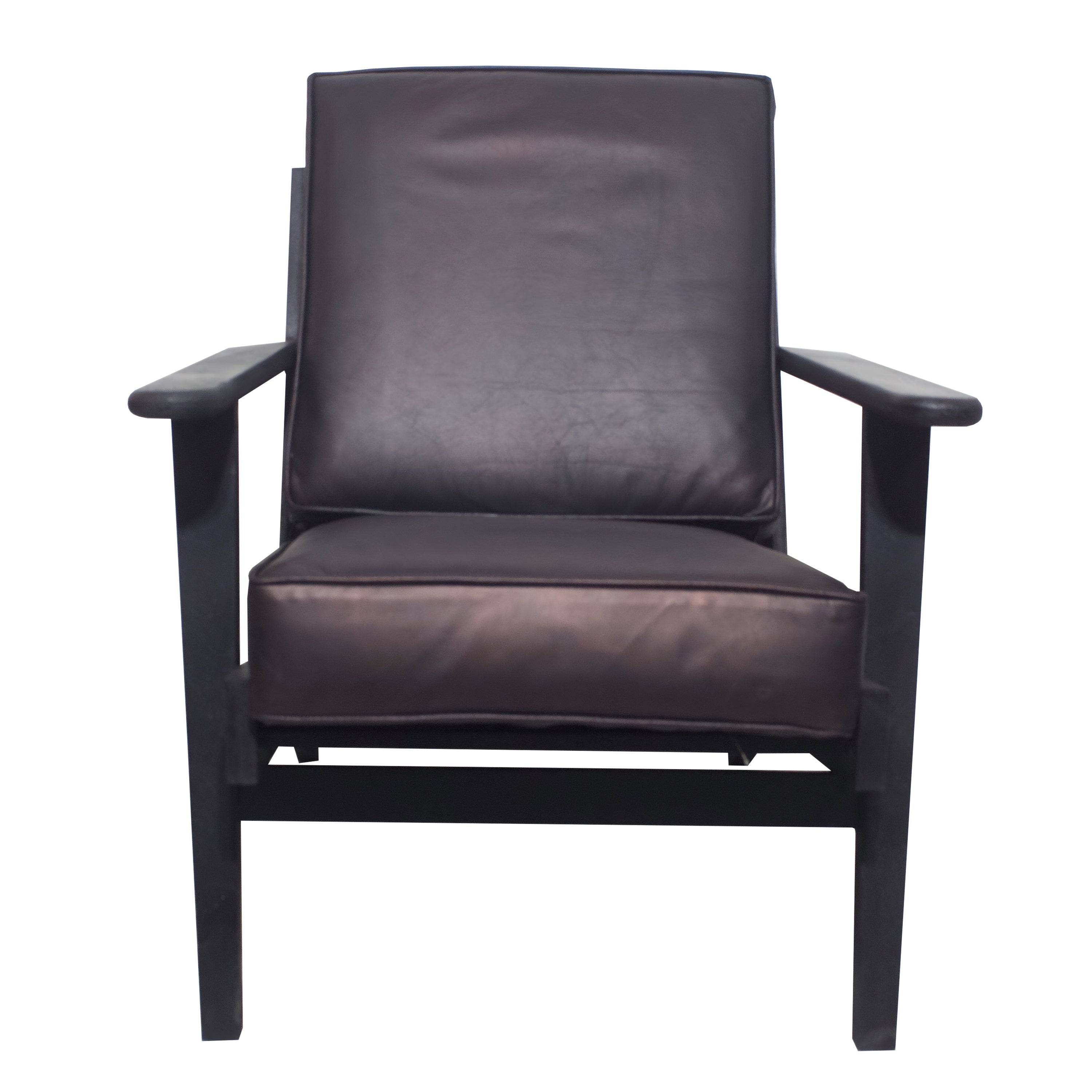 The Urban Port Amber Accent Chair, Handcrafted Slatted Mango Wood, Black Buffalo Leather Cushions, Angled Legs