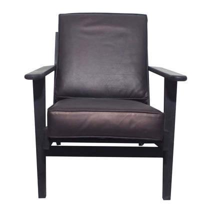 The Urban Port Amber Accent Chair, Handcrafted Slatted Mango Wood, Black Buffalo Leather Cushions, Angled Legs