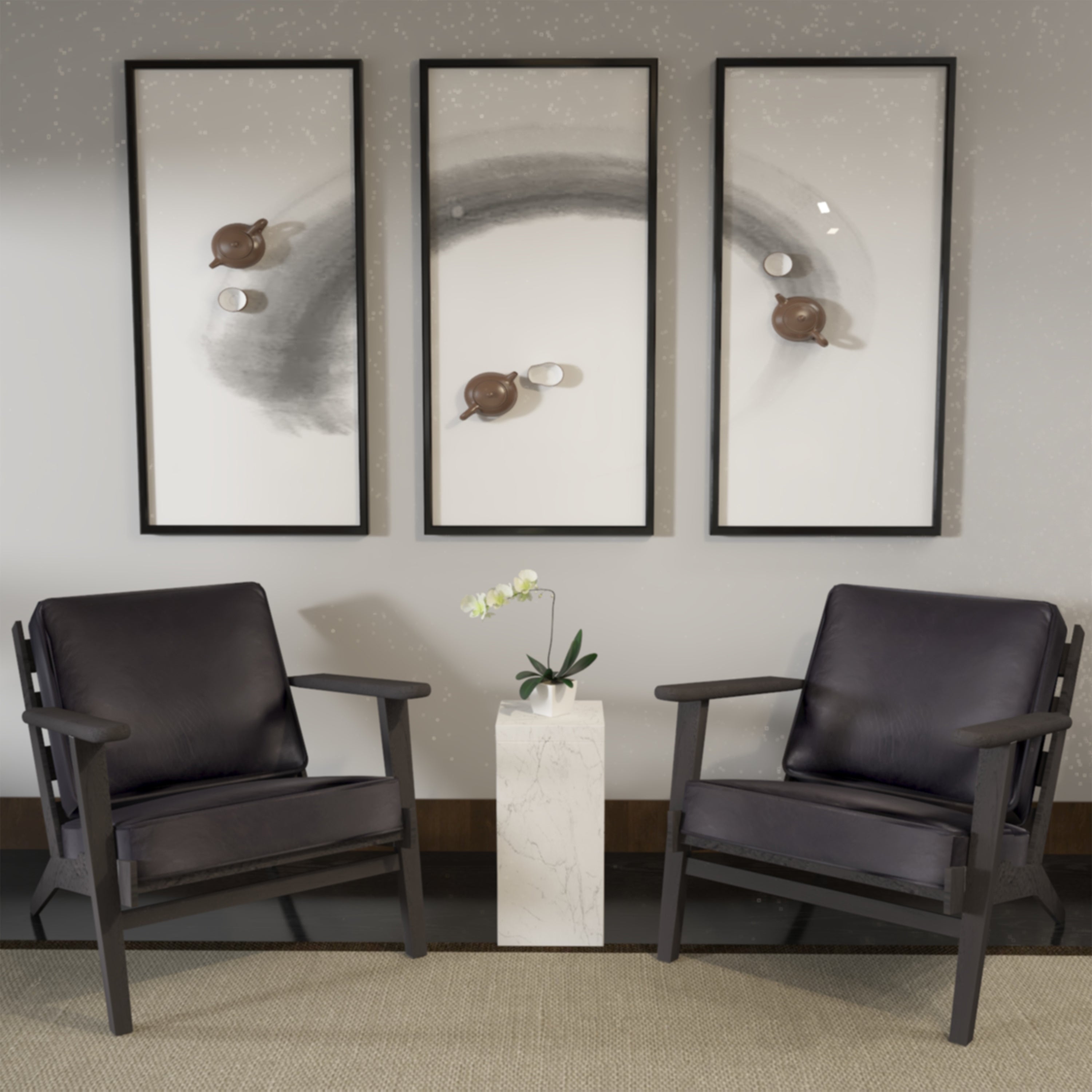 The Urban Port Amber Accent Chair, Handcrafted Slatted Mango Wood, Black Buffalo Leather Cushions, Angled Legs