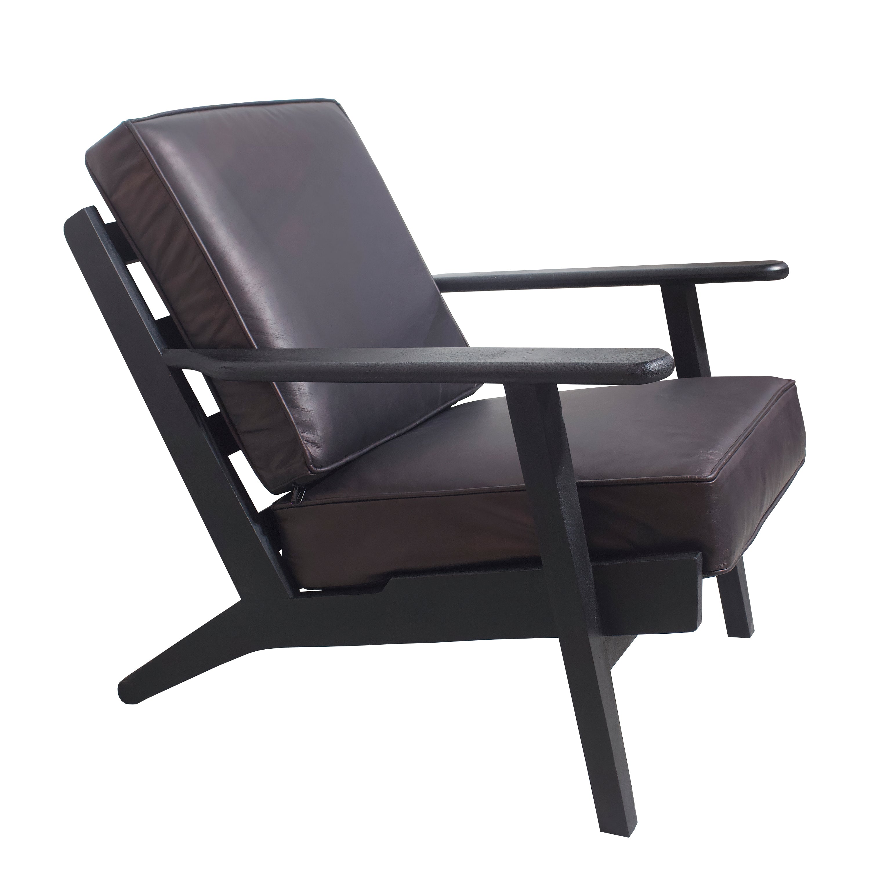 The Urban Port Amber Accent Chair, Handcrafted Slatted Mango Wood, Black Buffalo Leather Cushions, Angled Legs