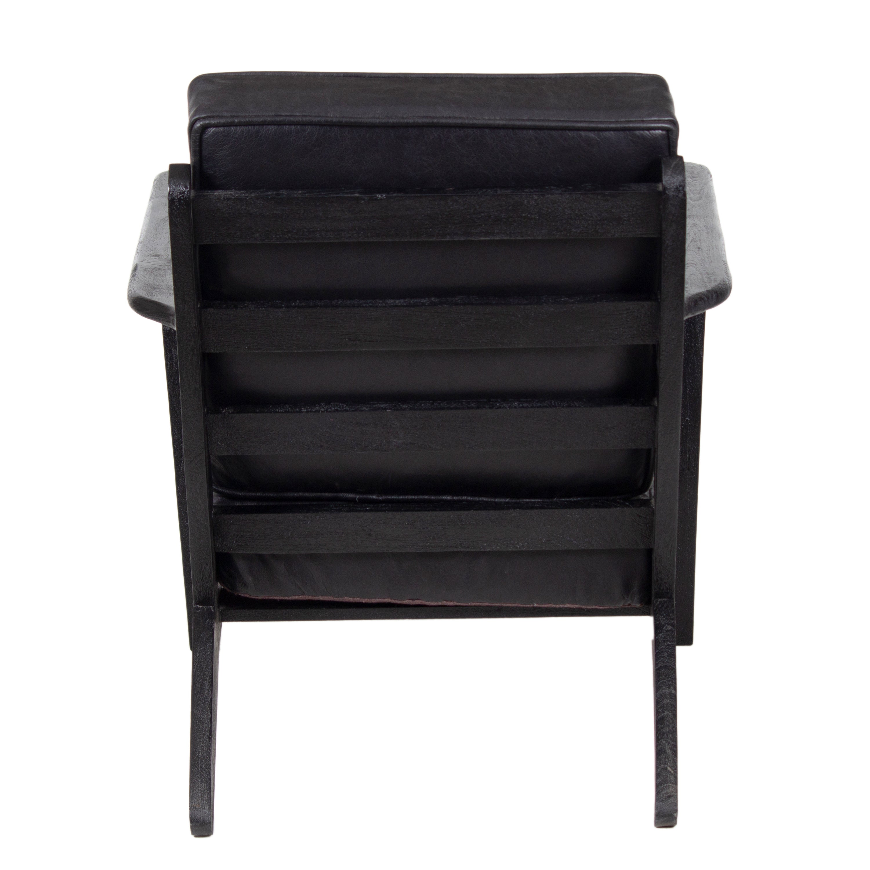 The Urban Port Amber Accent Chair, Handcrafted Slatted Mango Wood, Black Buffalo Leather Cushions, Angled Legs