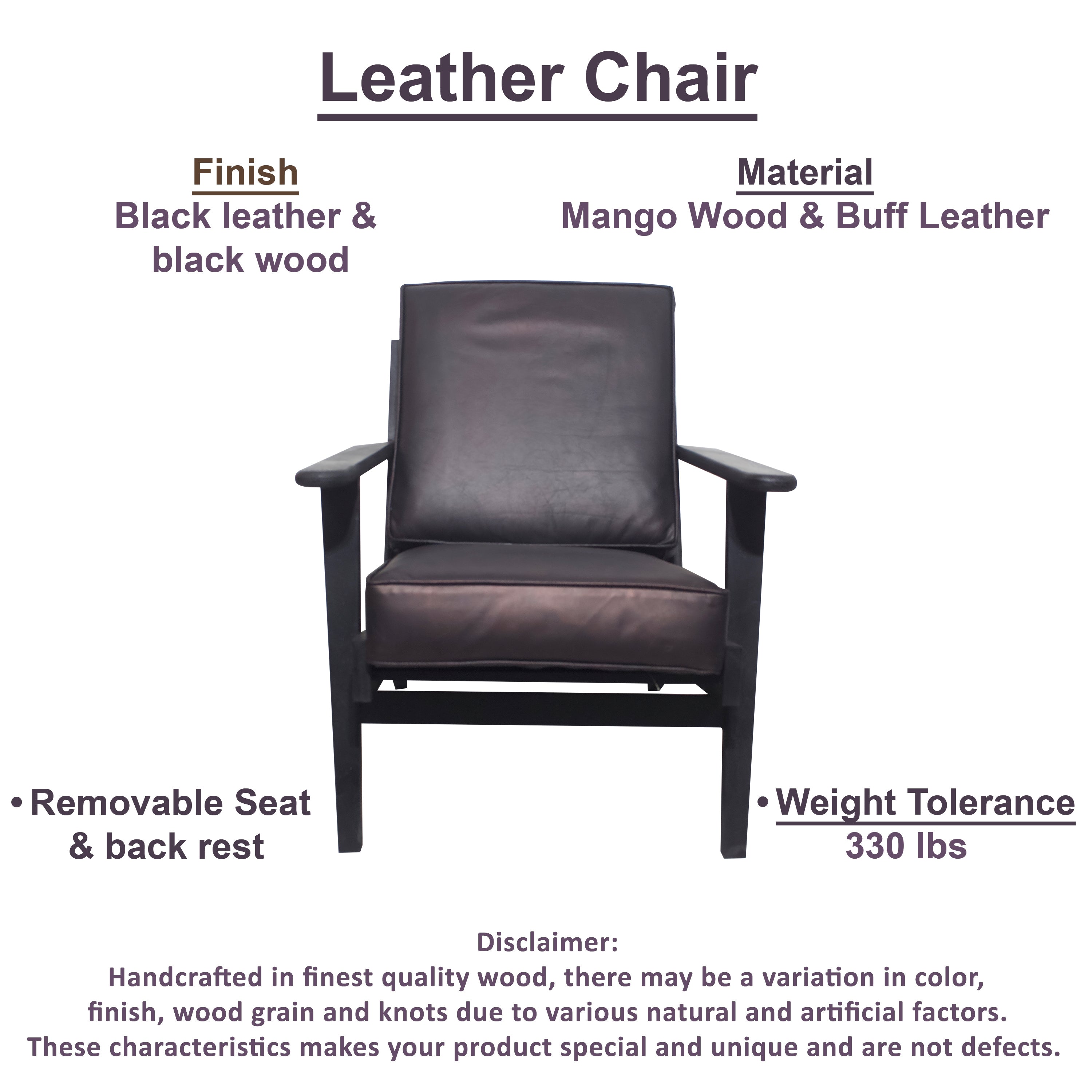 The Urban Port Amber Accent Chair, Handcrafted Slatted Mango Wood, Black Buffalo Leather Cushions, Angled Legs