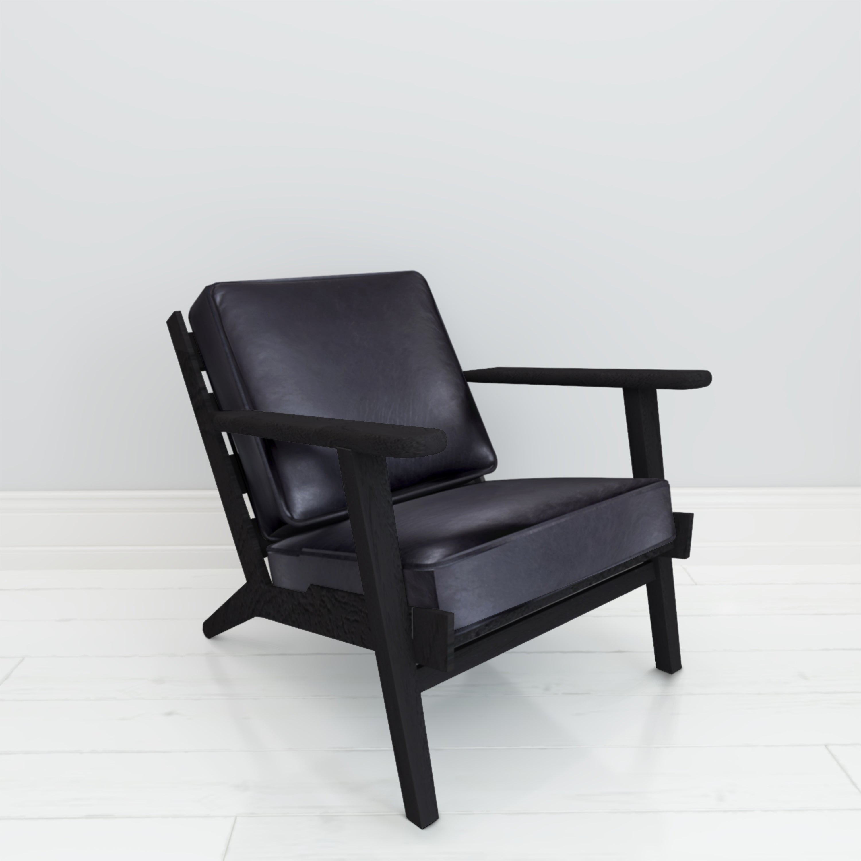 The Urban Port Amber Accent Chair, Handcrafted Slatted Mango Wood, Black Buffalo Leather Cushions, Angled Legs