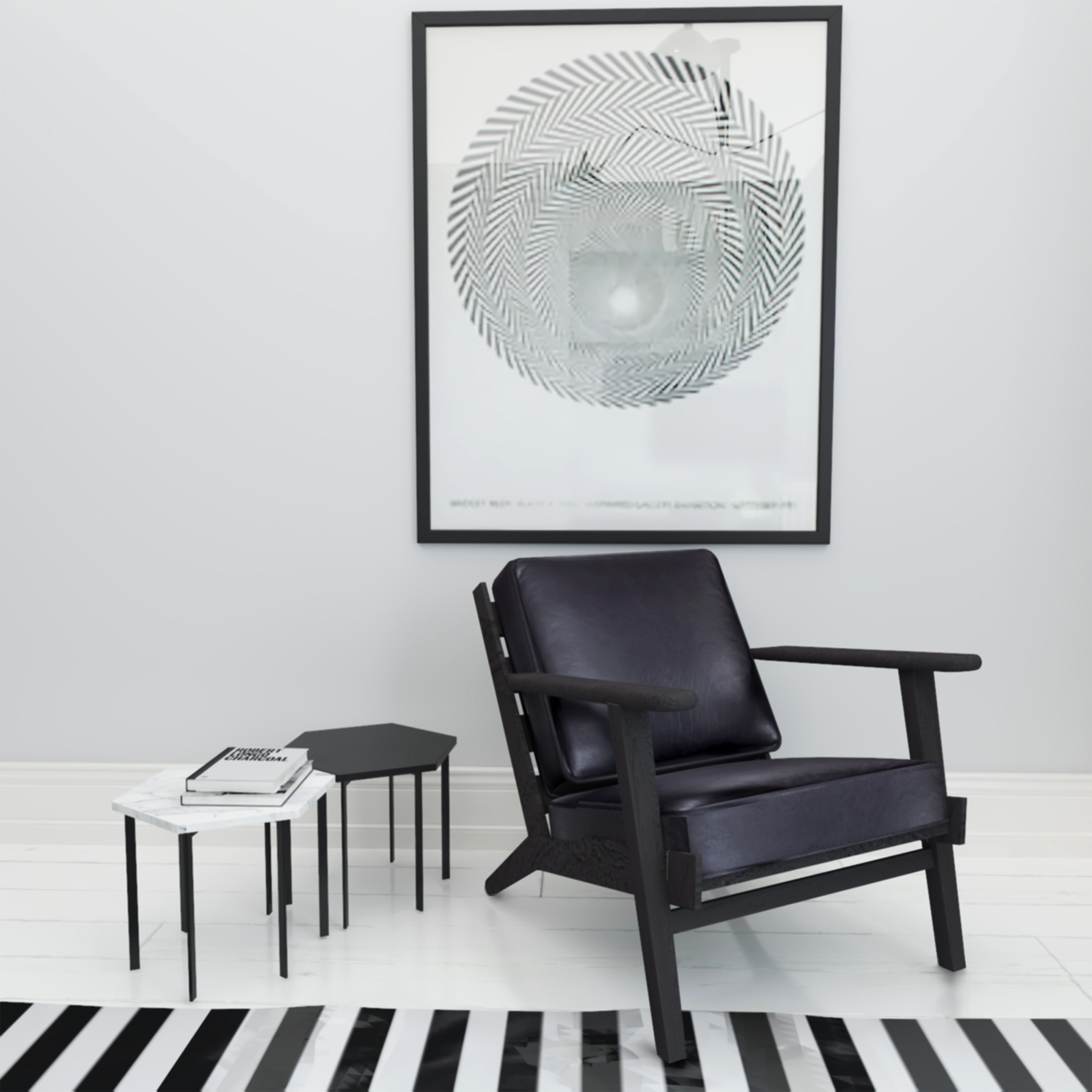 The Urban Port Amber Accent Chair, Handcrafted Slatted Mango Wood, Black Buffalo Leather Cushions, Angled Legs