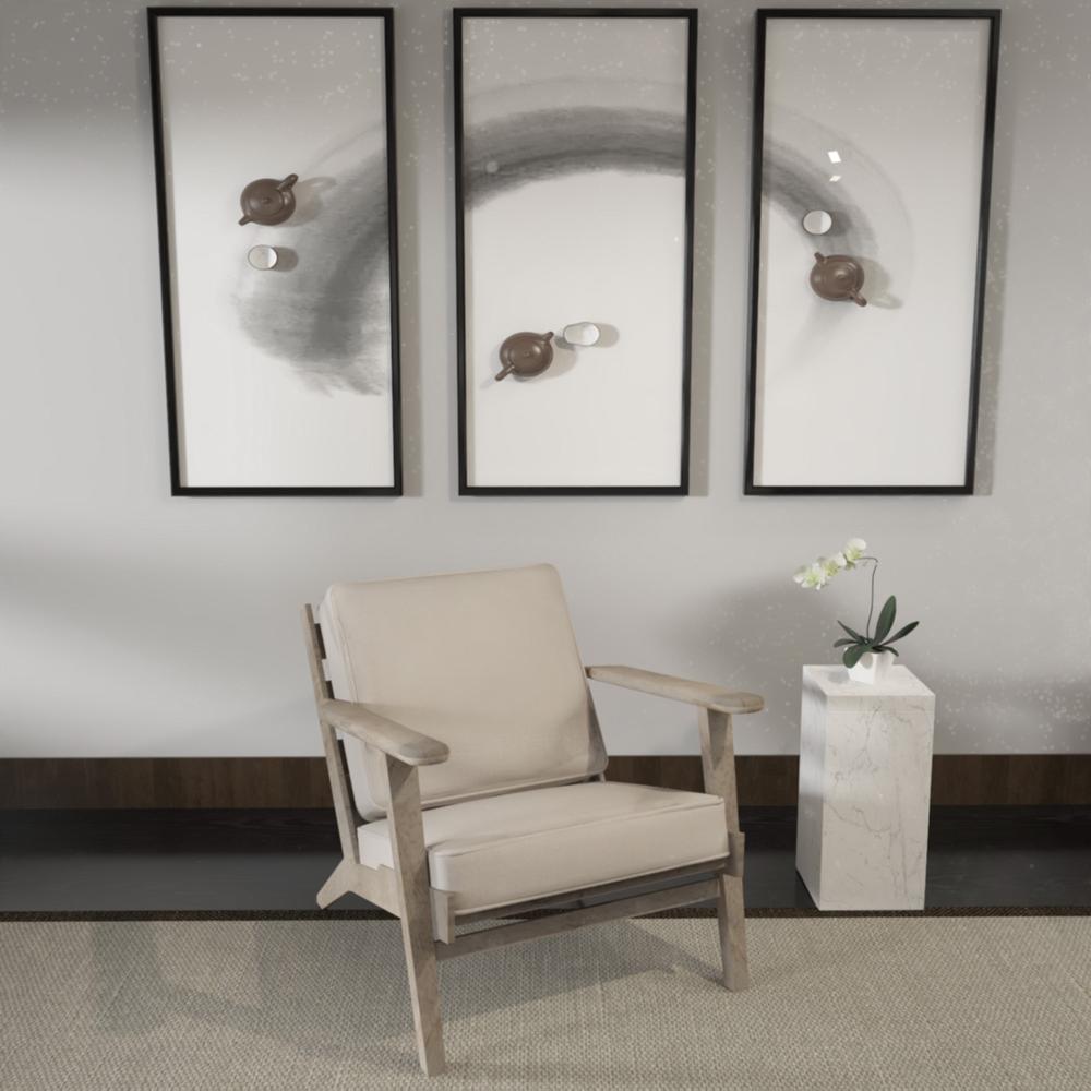The Urban Port Amber Accent Chair, Handcrafted Washed Ash Gray Mango Wood, Beige Fabric Cushions, Angled Legs
