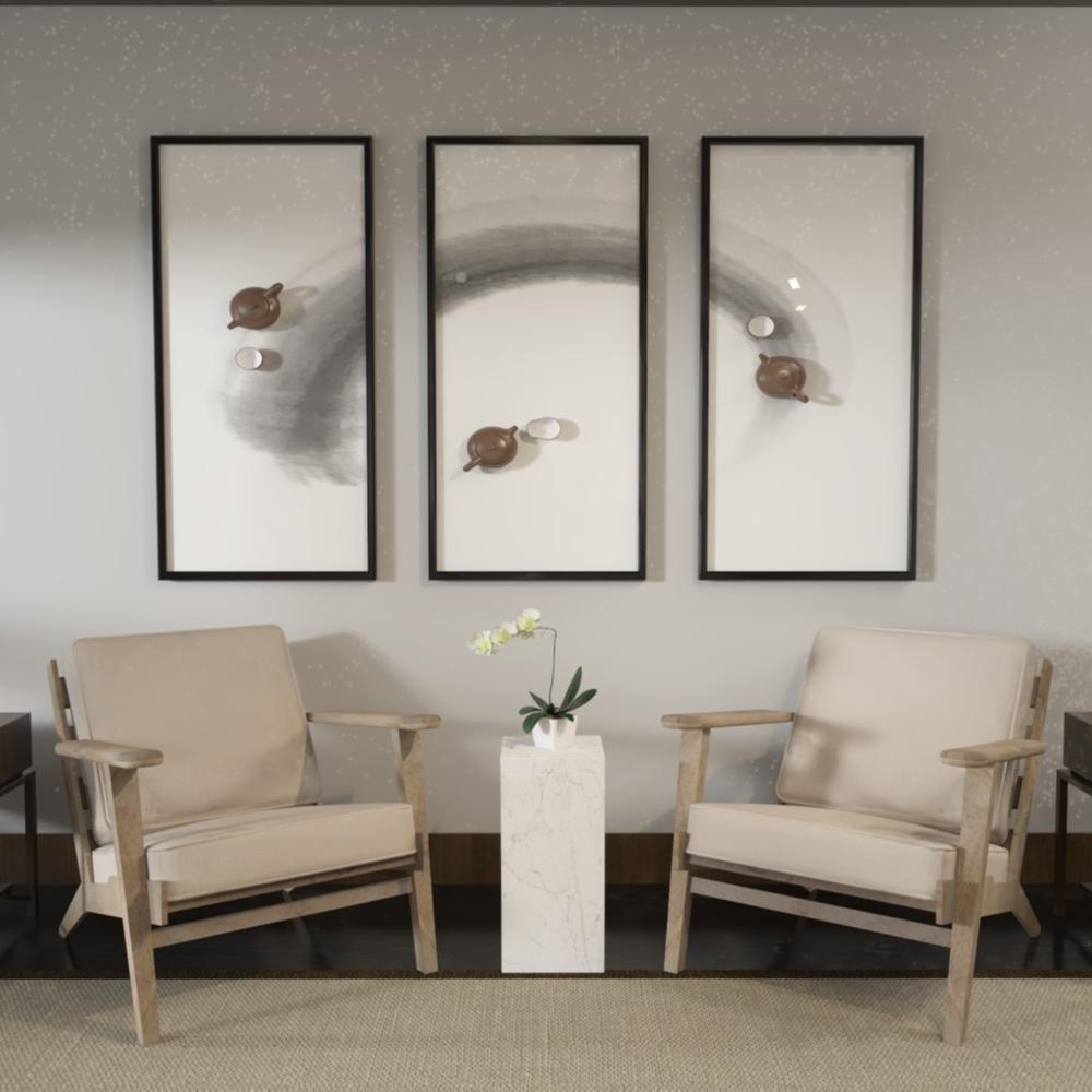 The Urban Port Amber Accent Chair, Handcrafted Washed Ash Gray Mango Wood, Beige Fabric Cushions, Angled Legs