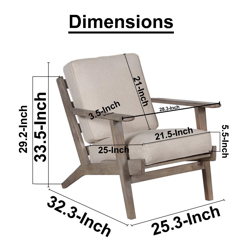 The Urban Port Amber Accent Chair, Handcrafted Washed Ash Gray Mango Wood, Beige Fabric Cushions, Angled Legs