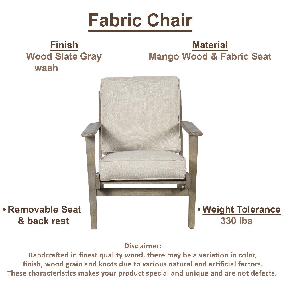The Urban Port Amber Accent Chair, Handcrafted Washed Ash Gray Mango Wood, Beige Fabric Cushions, Angled Legs