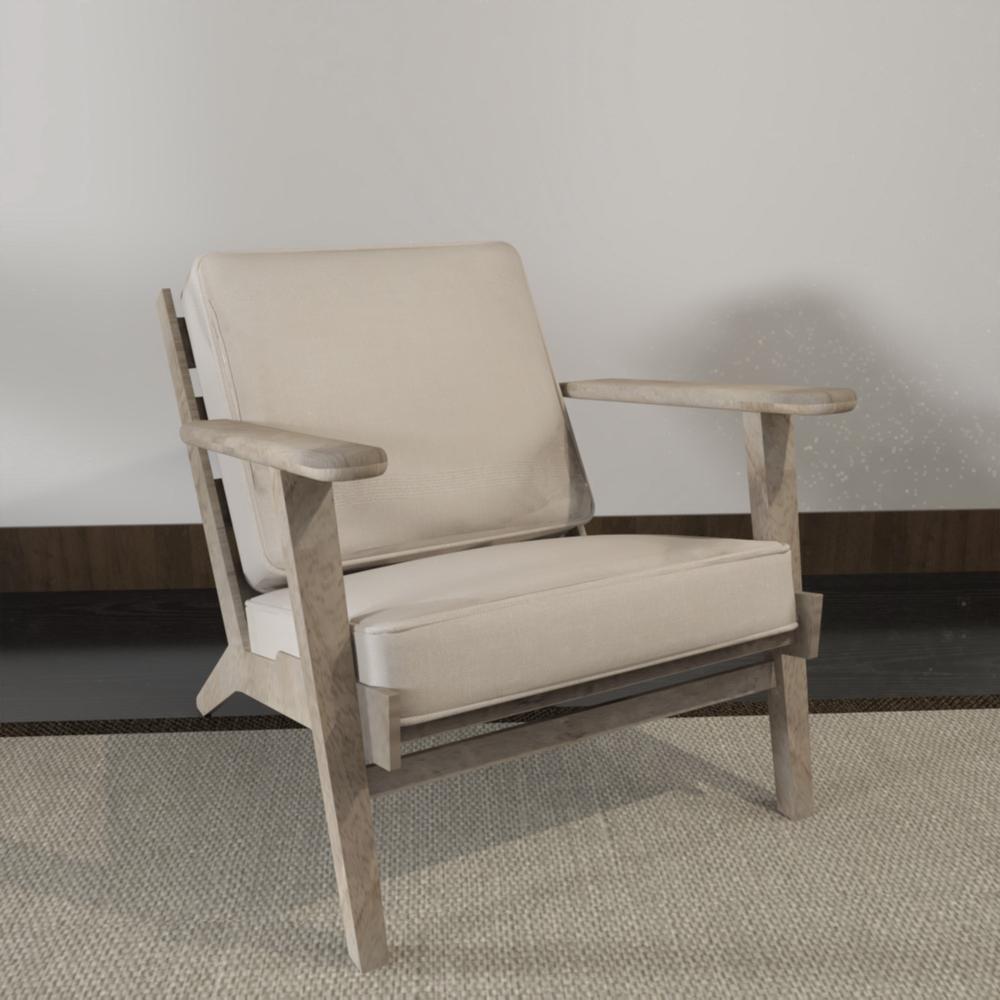 The Urban Port Amber Accent Chair, Handcrafted Washed Ash Gray Mango Wood, Beige Fabric Cushions, Angled Legs