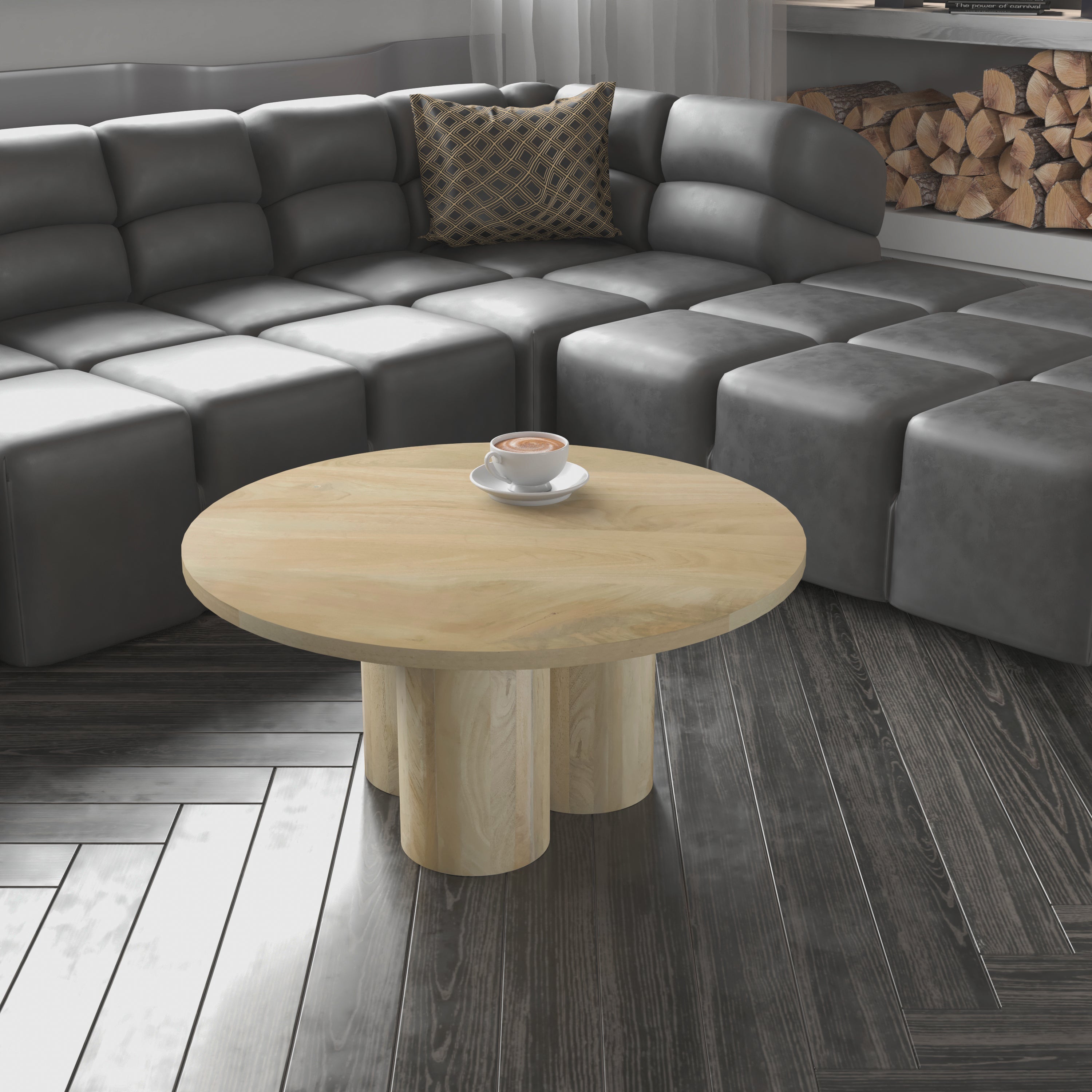 The Urban Port Hazel Coffee Table with 3 Pillar Legs, 35.5 Inch Round Top, Natural Brown Mango Wood