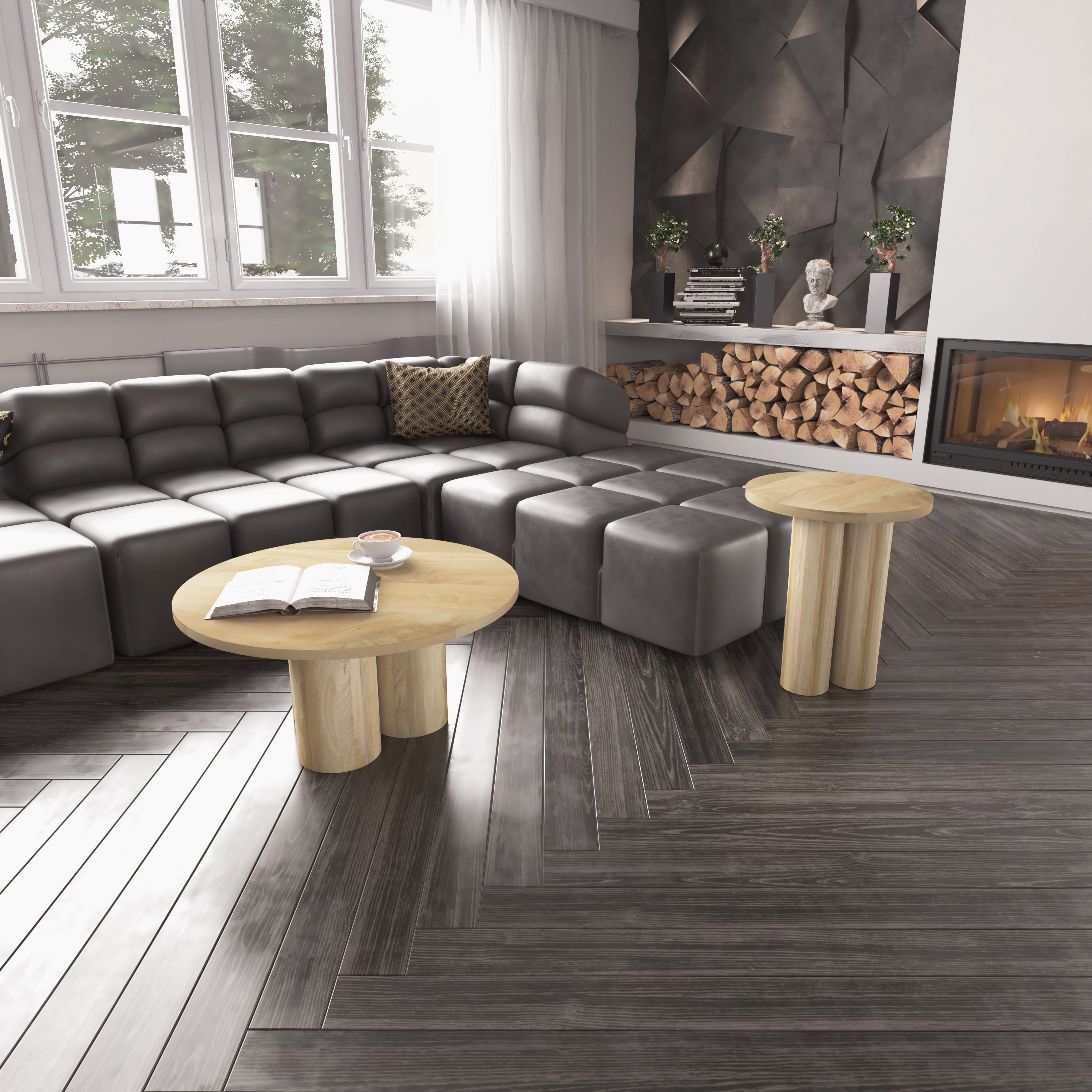 The Urban Port Hazel Coffee Table with 3 Pillar Legs, 35.5 Inch Round Top, Natural Brown Mango Wood