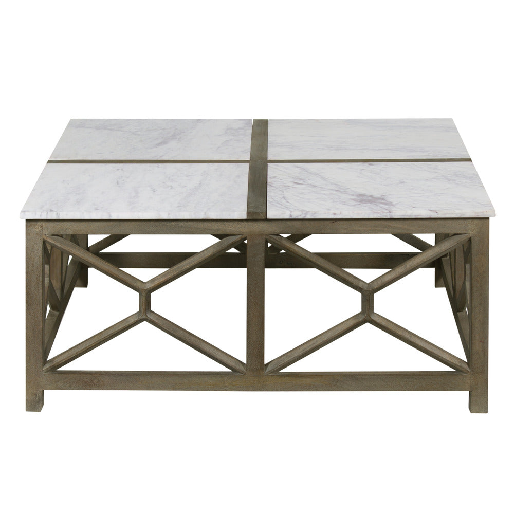 The Urban Port Agas Coffee Table, 40 Inch Square White Genuine Marble Top, Sandblasted Washed Ash Gray Mango Wood Geometric Frame