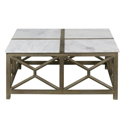 The Urban Port Agas Coffee Table, 40 Inch Square White Genuine Marble Top, Sandblasted Washed Ash Gray Mango Wood Geometric Frame