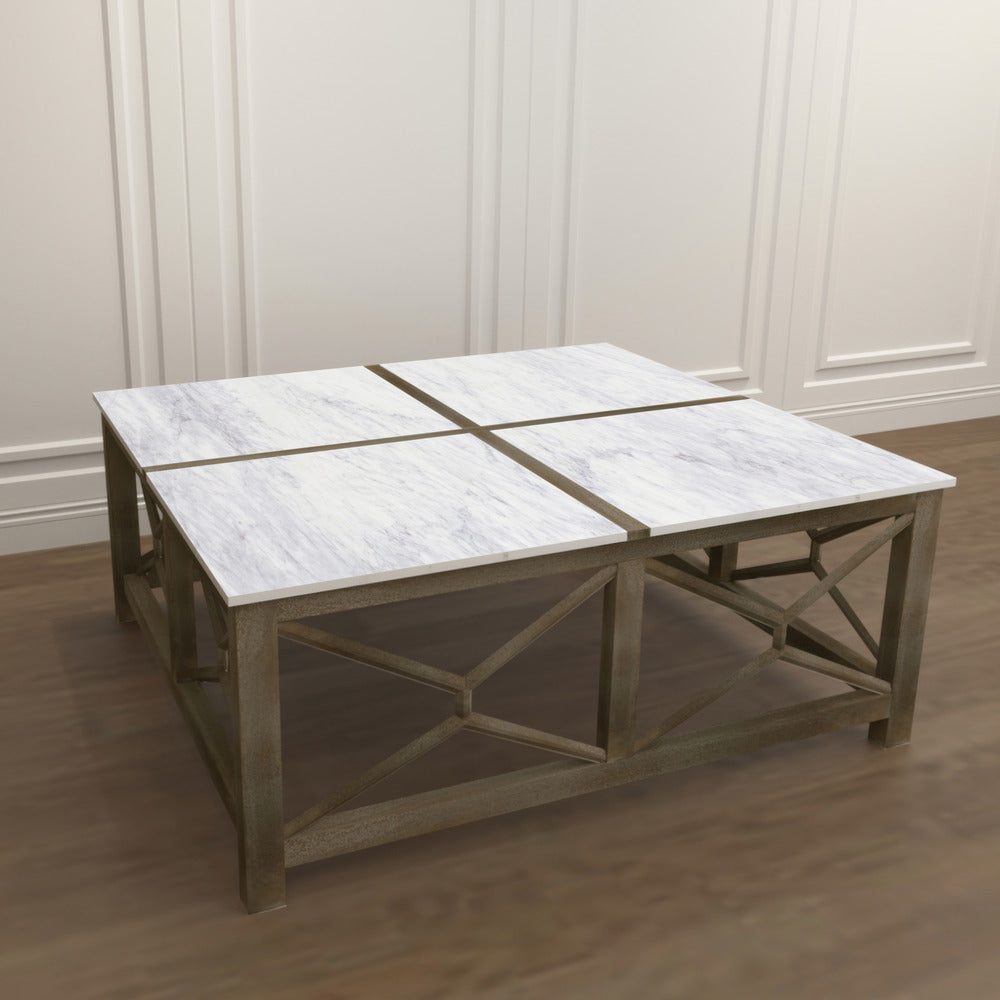 The Urban Port Agas Coffee Table, 40 Inch Square White Genuine Marble Top, Sandblasted Washed Ash Gray Mango Wood Geometric Frame