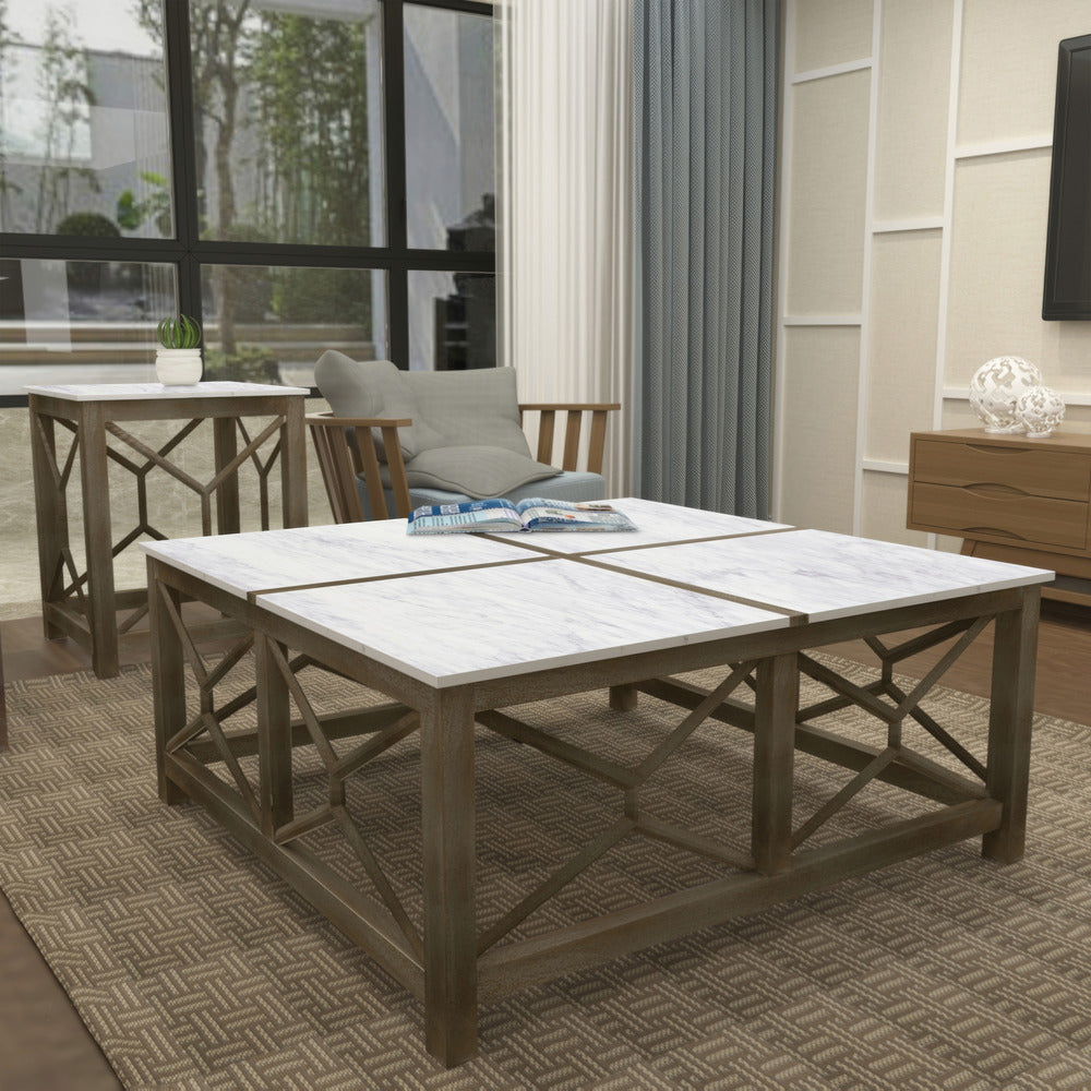 The Urban Port Agas Coffee Table, 40 Inch Square White Genuine Marble Top, Sandblasted Washed Ash Gray Mango Wood Geometric Frame