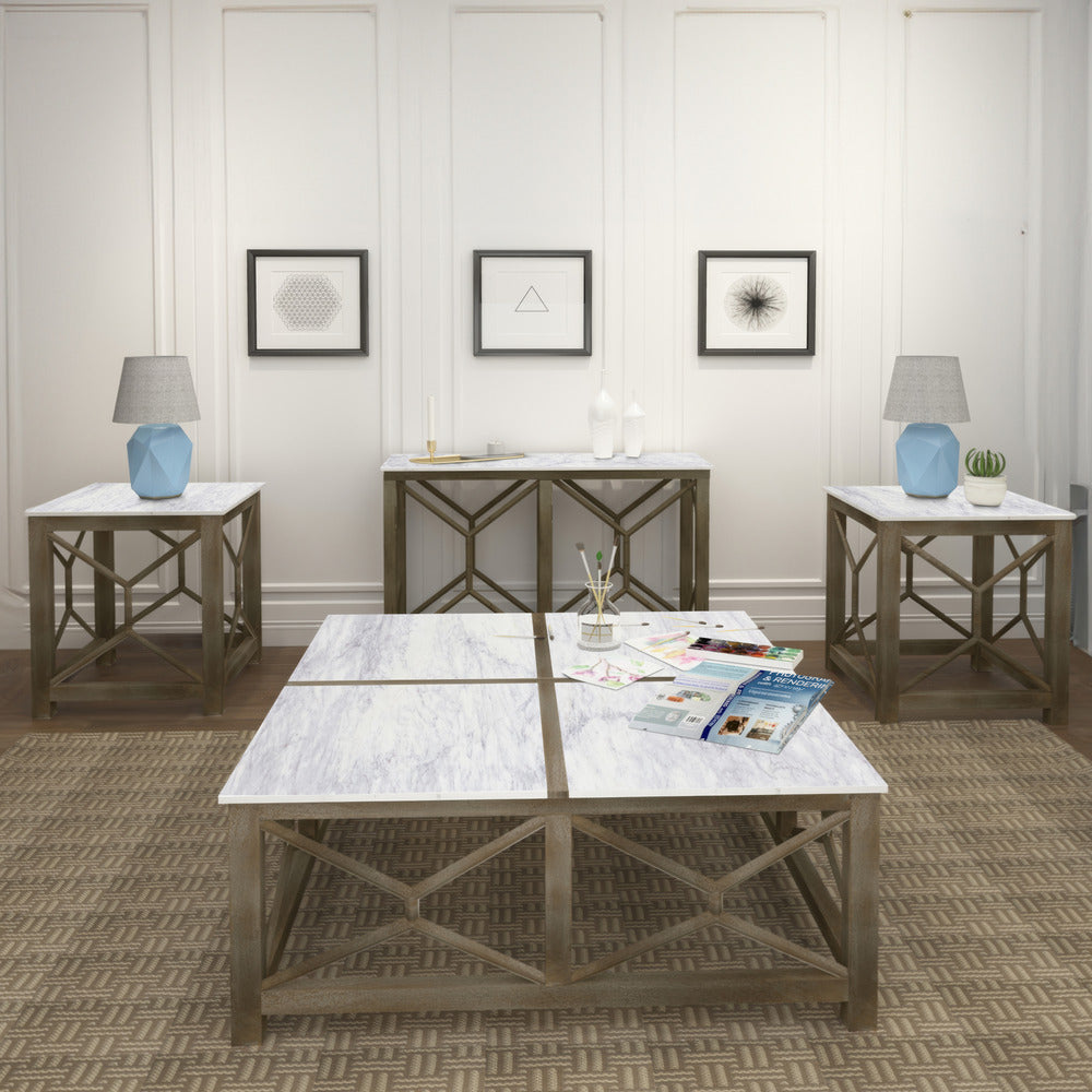 The Urban Port Agas Coffee Table, 40 Inch Square White Genuine Marble Top, Sandblasted Washed Ash Gray Mango Wood Geometric Frame