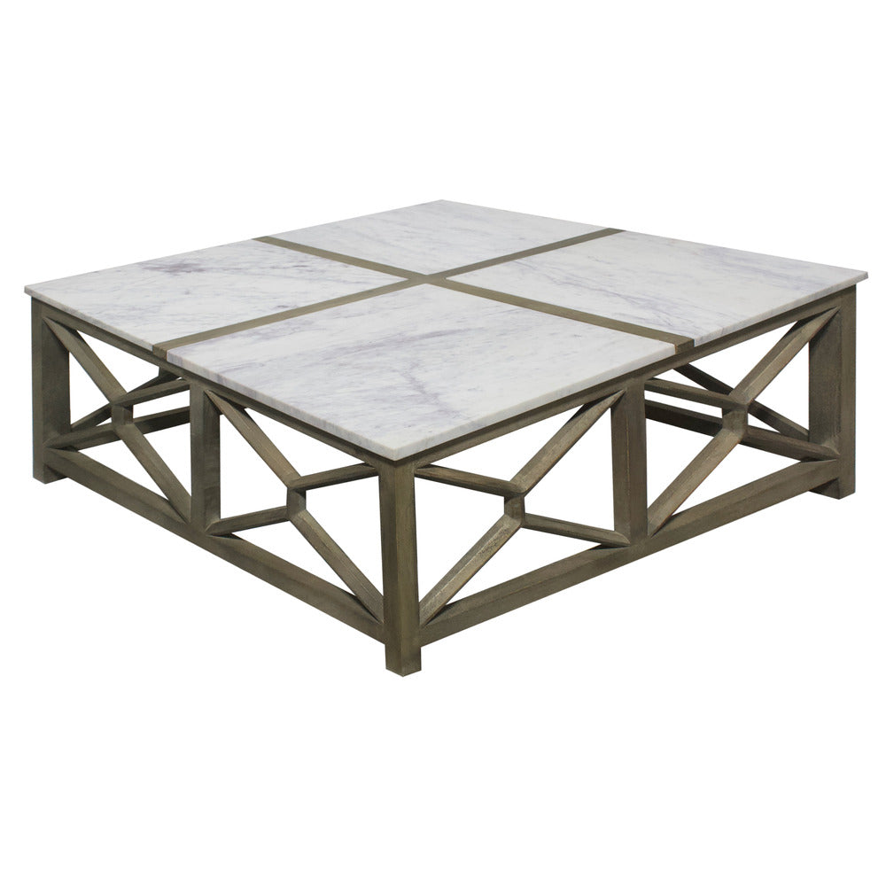The Urban Port Agas Coffee Table, 40 Inch Square White Genuine Marble Top, Sandblasted Washed Ash Gray Mango Wood Geometric Frame