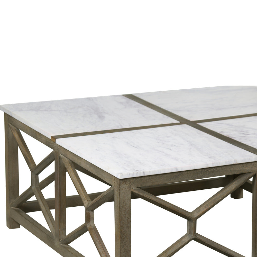 The Urban Port Agas Coffee Table, 40 Inch Square White Genuine Marble Top, Sandblasted Washed Ash Gray Mango Wood Geometric Frame