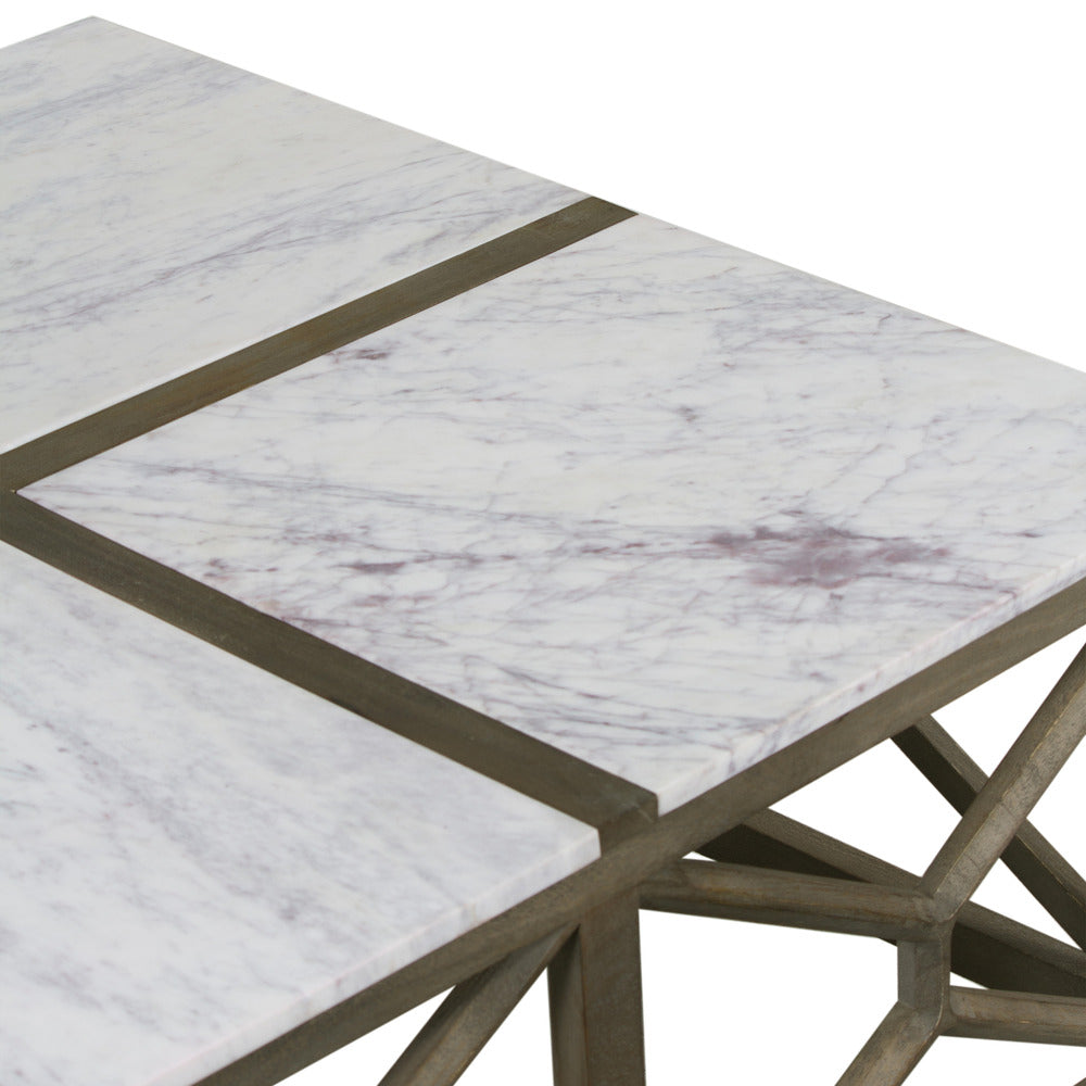 The Urban Port Agas Coffee Table, 40 Inch Square White Genuine Marble Top, Sandblasted Washed Ash Gray Mango Wood Geometric Frame