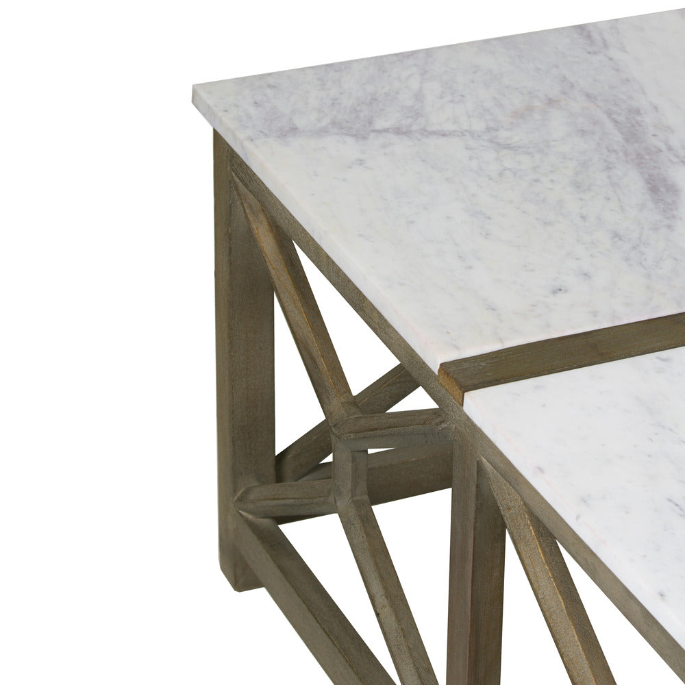 The Urban Port Agas Coffee Table, 40 Inch Square White Genuine Marble Top, Sandblasted Washed Ash Gray Mango Wood Geometric Frame