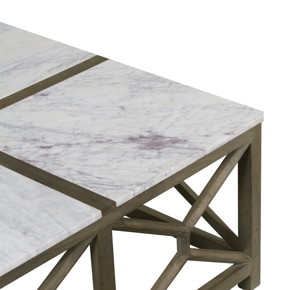 The Urban Port Agas Coffee Table, 40 Inch Square White Genuine Marble Top, Sandblasted Washed Ash Gray Mango Wood Geometric Frame