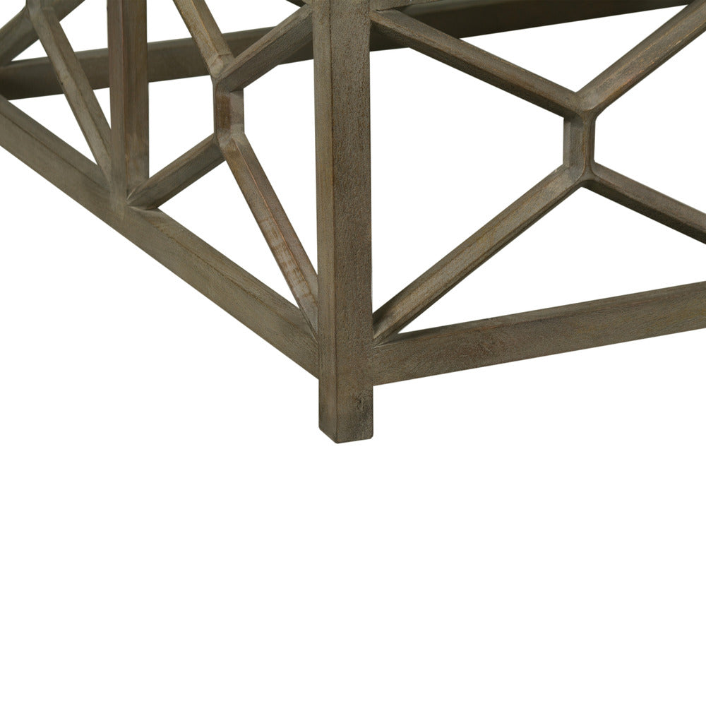 The Urban Port Agas Coffee Table, 40 Inch Square White Genuine Marble Top, Sandblasted Washed Ash Gray Mango Wood Geometric Frame