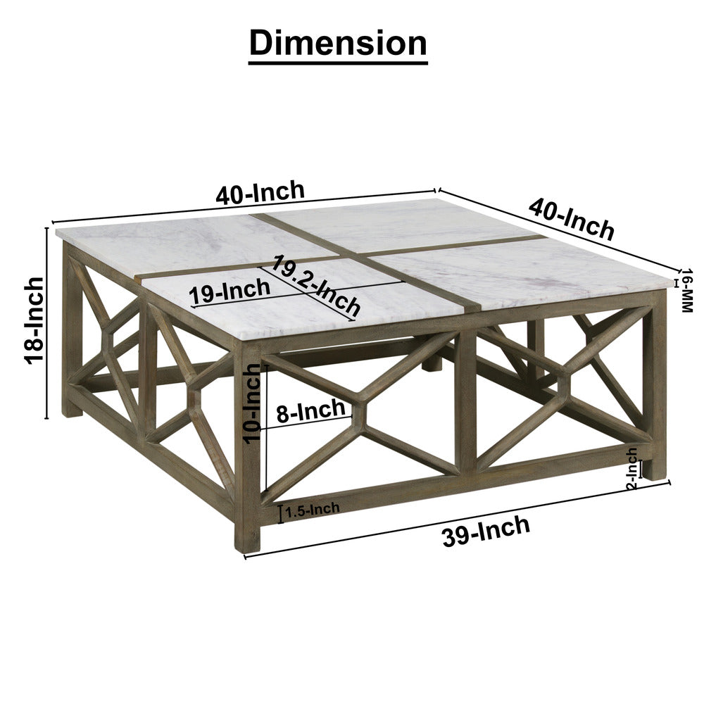 The Urban Port Agas Coffee Table, 40 Inch Square White Genuine Marble Top, Sandblasted Washed Ash Gray Mango Wood Geometric Frame