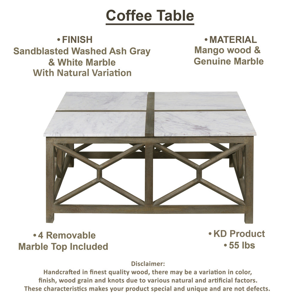 The Urban Port Agas Coffee Table, 40 Inch Square White Genuine Marble Top, Sandblasted Washed Ash Gray Mango Wood Geometric Frame