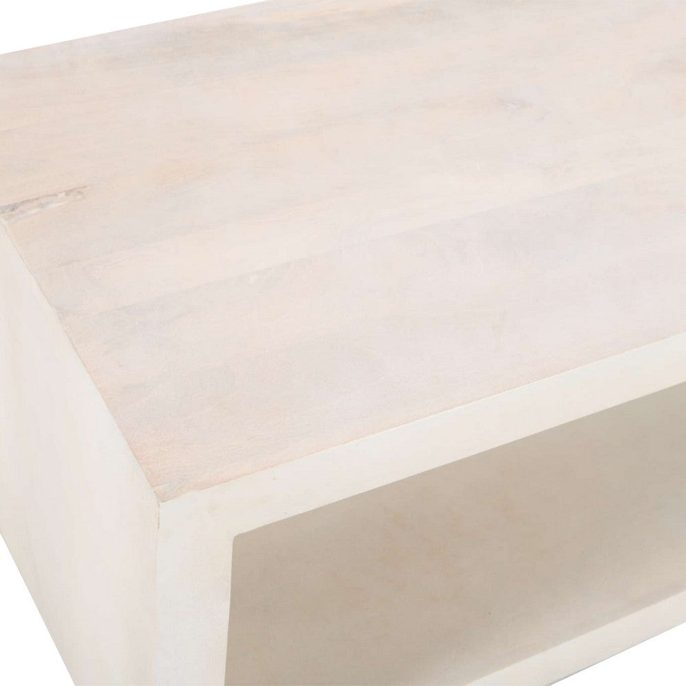 The Urban Port Keli Coffee Table, 58 Inch Minimalist Open Frame, Rustic Washed White Mango Wood