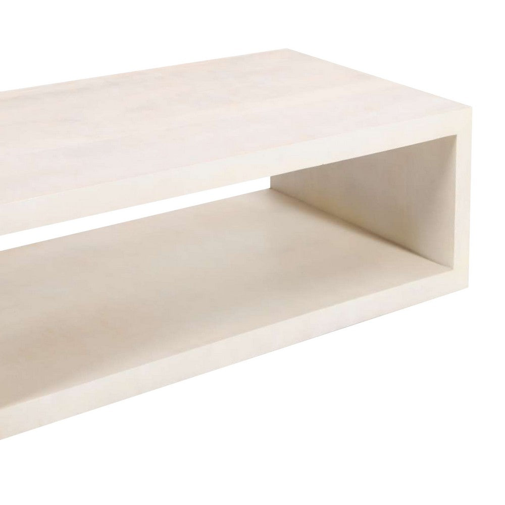 The Urban Port Keli Coffee Table, 58 Inch Minimalist Open Frame, Rustic Washed White Mango Wood