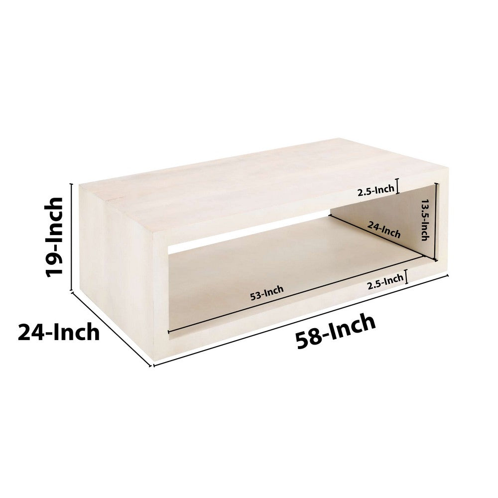 The Urban Port Keli Coffee Table, 58 Inch Minimalist Open Frame, Rustic Washed White Mango Wood