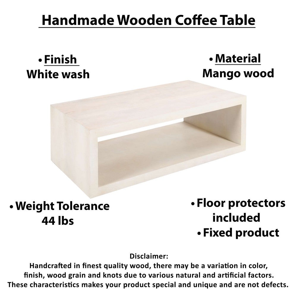 The Urban Port Keli Coffee Table, 58 Inch Minimalist Open Frame, Rustic Washed White Mango Wood
