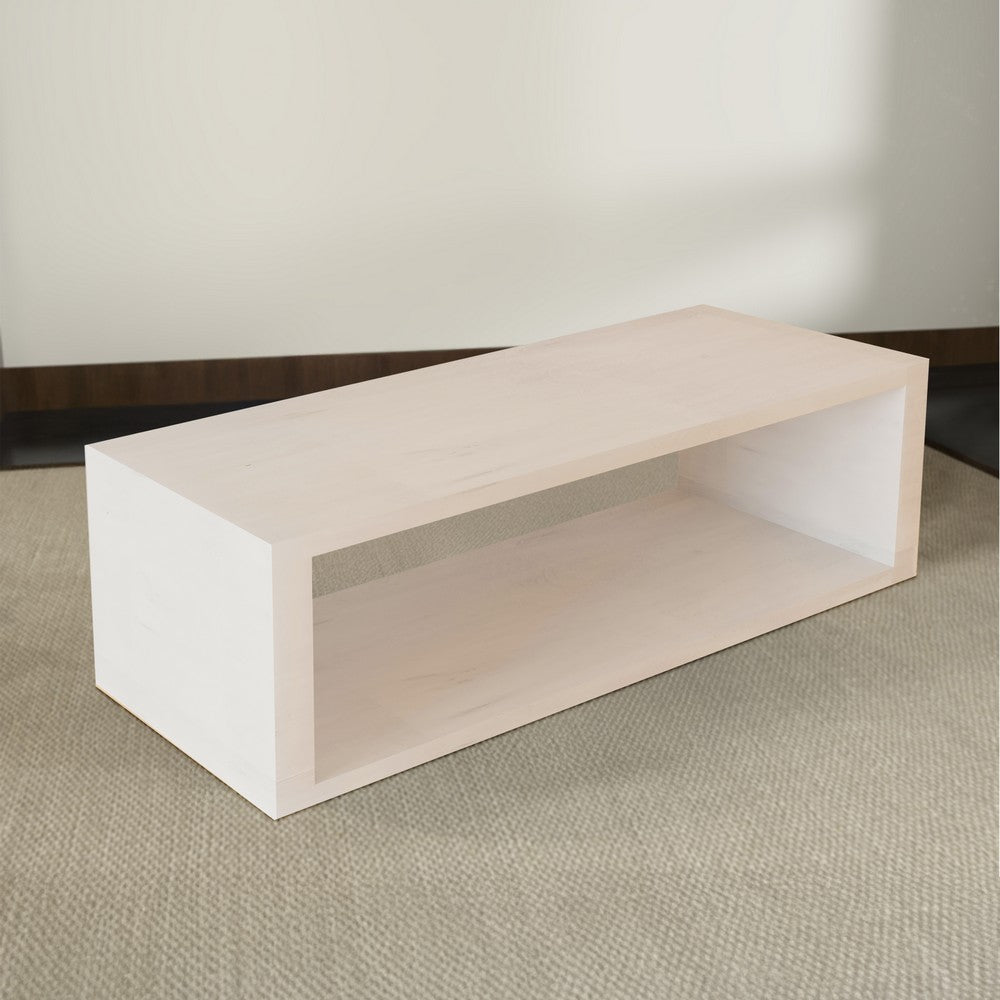 The Urban Port Keli Coffee Table, 58 Inch Minimalist Open Frame, Rustic Washed White Mango Wood