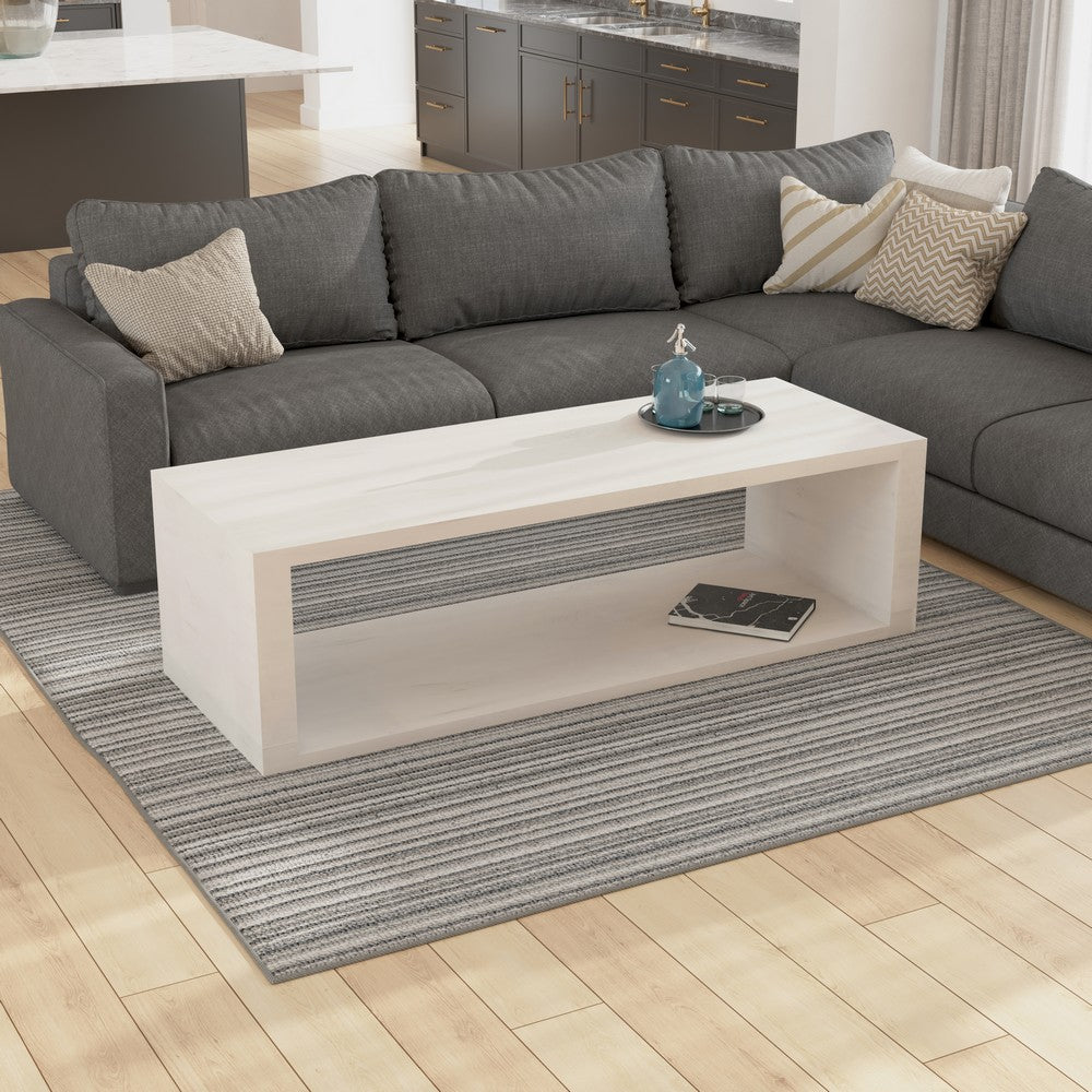 The Urban Port Keli Coffee Table, 58 Inch Minimalist Open Frame, Rustic Washed White Mango Wood