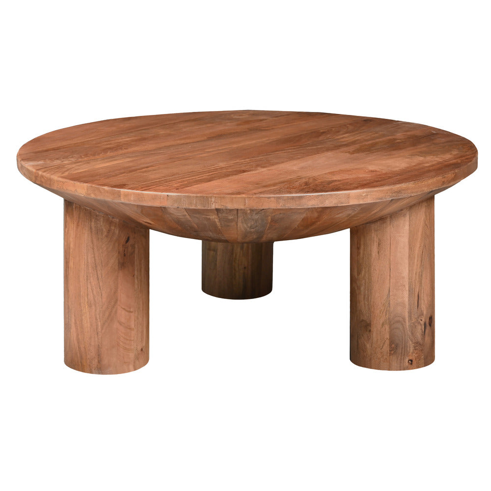 The Urban Port Meridian Coffee Table, 38 Inch Round Top, 3 Column Pillar Legs, Natural Brown Mango Wood