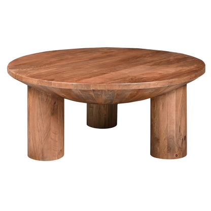The Urban Port Meridian Coffee Table, 38 Inch Round Top, 3 Column Pillar Legs, Natural Brown Mango Wood