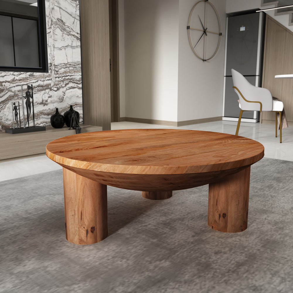 The Urban Port Meridian Coffee Table, 38 Inch Round Top, 3 Column Pillar Legs, Natural Brown Mango Wood