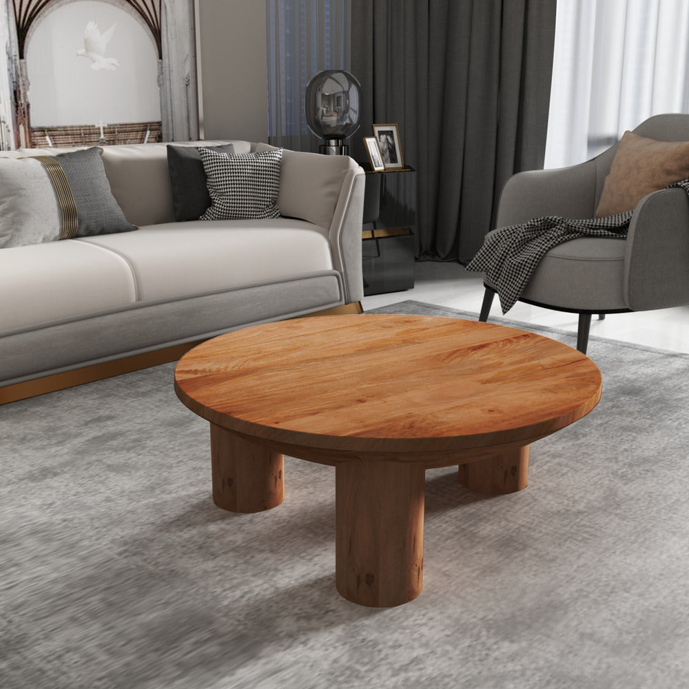 The Urban Port Meridian Coffee Table, 38 Inch Round Top, 3 Column Pillar Legs, Natural Brown Mango Wood